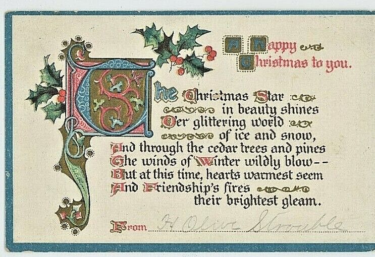 c.1910 Vintage Christmas Postcard Pretty Poem Holly Berries  P2 BN3 Embossed
