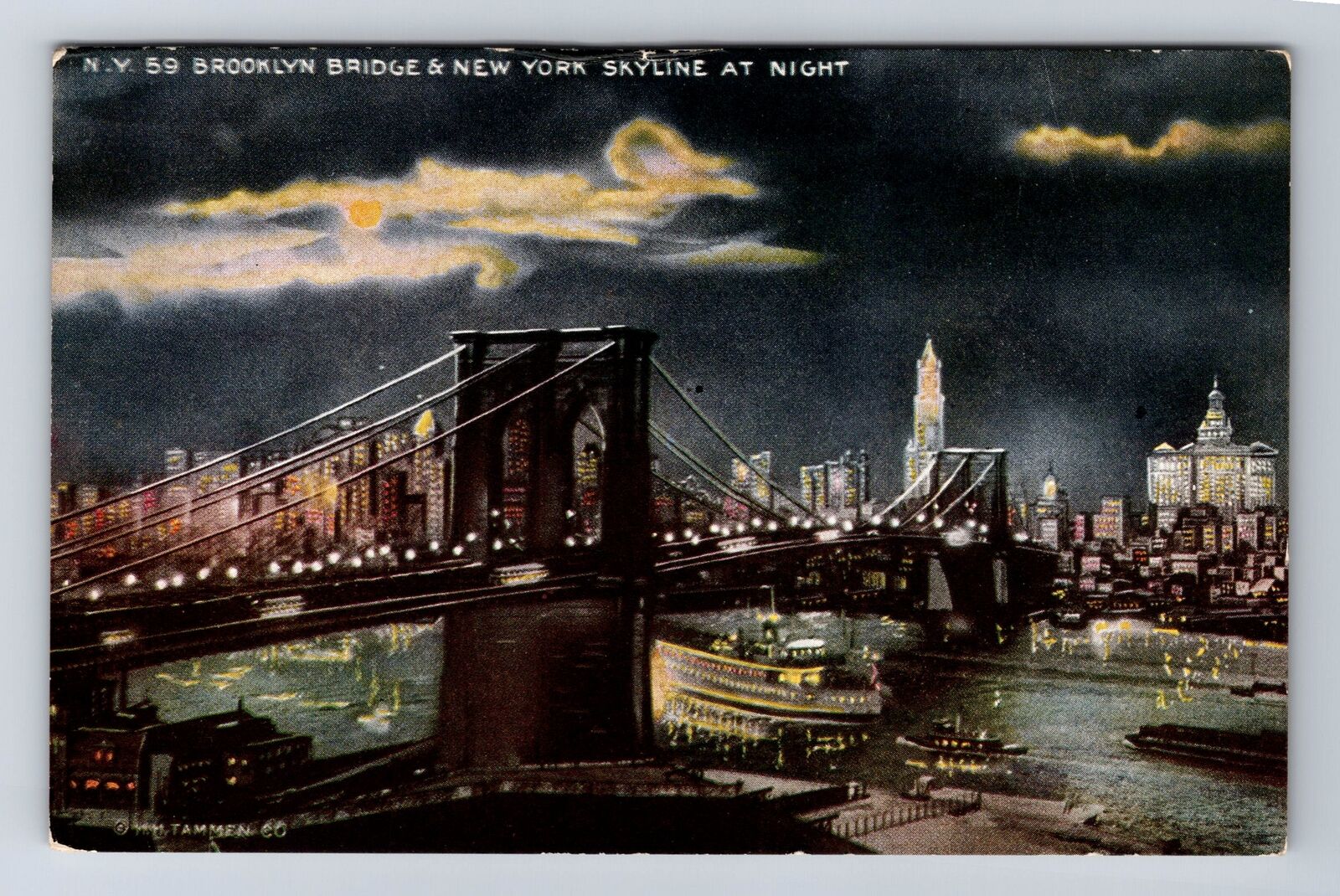 New York City, Brooklyn Bridge and New York Skyline Night, Vintage Postcard