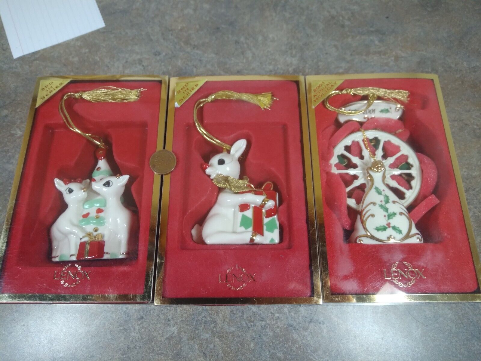Set of 3 Lenox China Ornaments in Boxes Rudolph Ferris Wheel