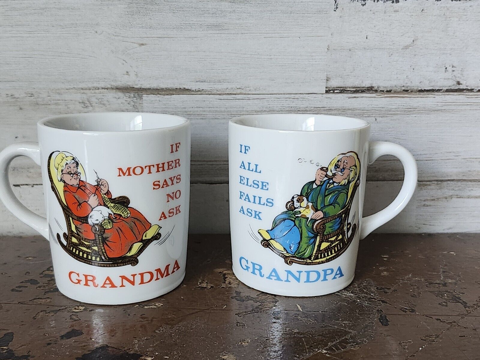 Ask Grandma Ask Grandpa Humorous Ceramic Mugs Cups His Her Japan Set of Two Vtg