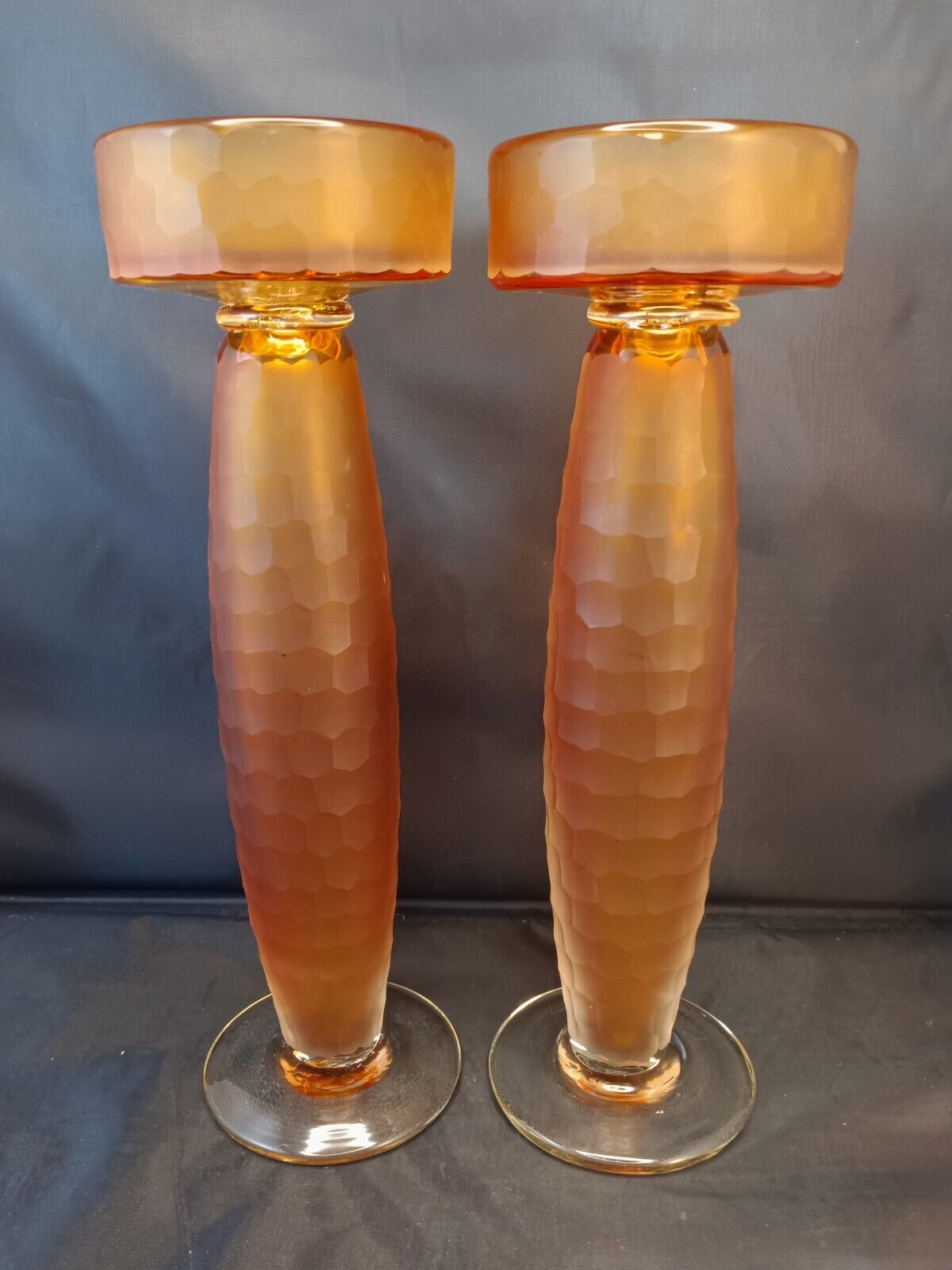 TWO Battuto Amber Pillar Candle Holders Mid Century Vintage Murano Venini Scarpa