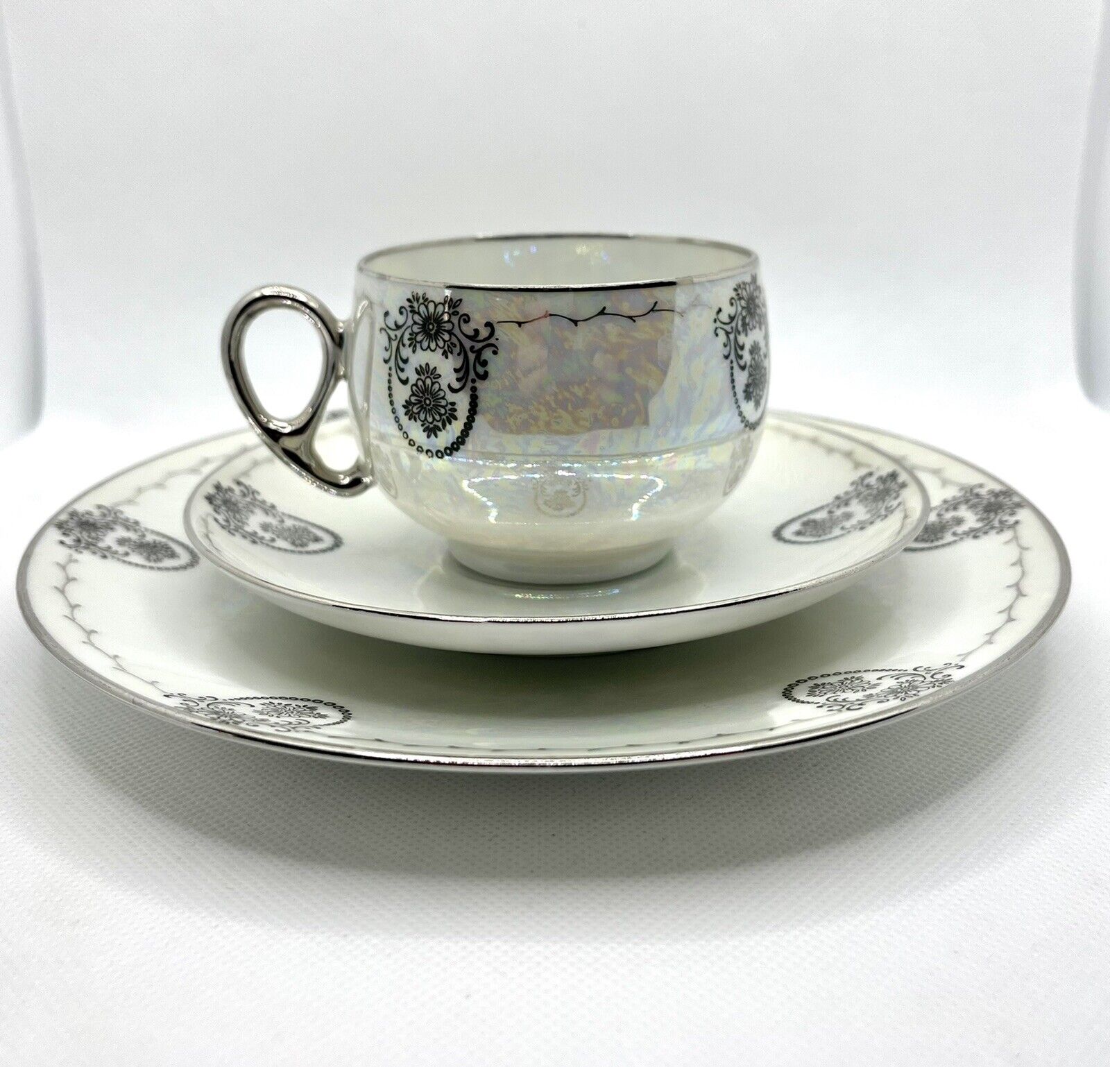 Antique Hermann Ohme Germany tea cup saucer 7.5”plate fine china set Iridescent