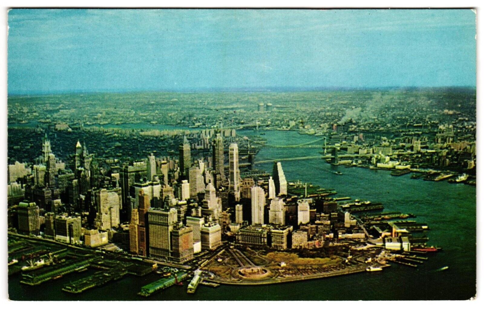 Aerial View of Lower Manhattan NYC NY Battery Park Bridges c1960s Postcard