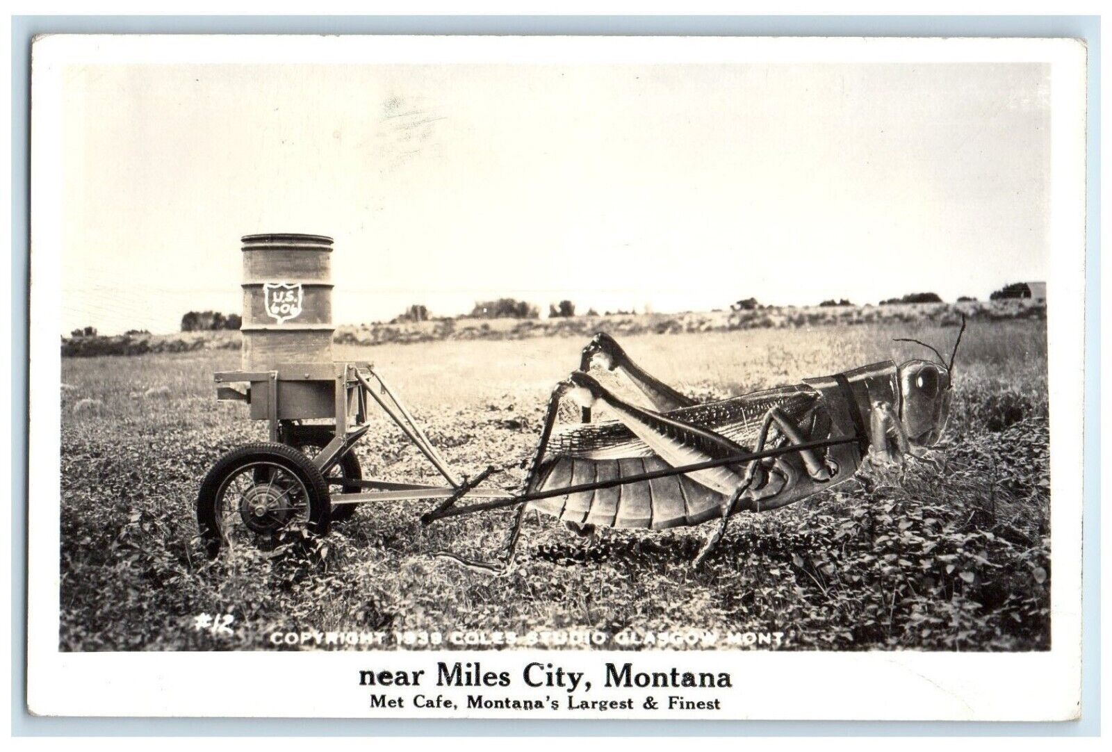 Exaggerated Grasshopper Spraying Farm Field Miles City MT RPPC Photo Postcard