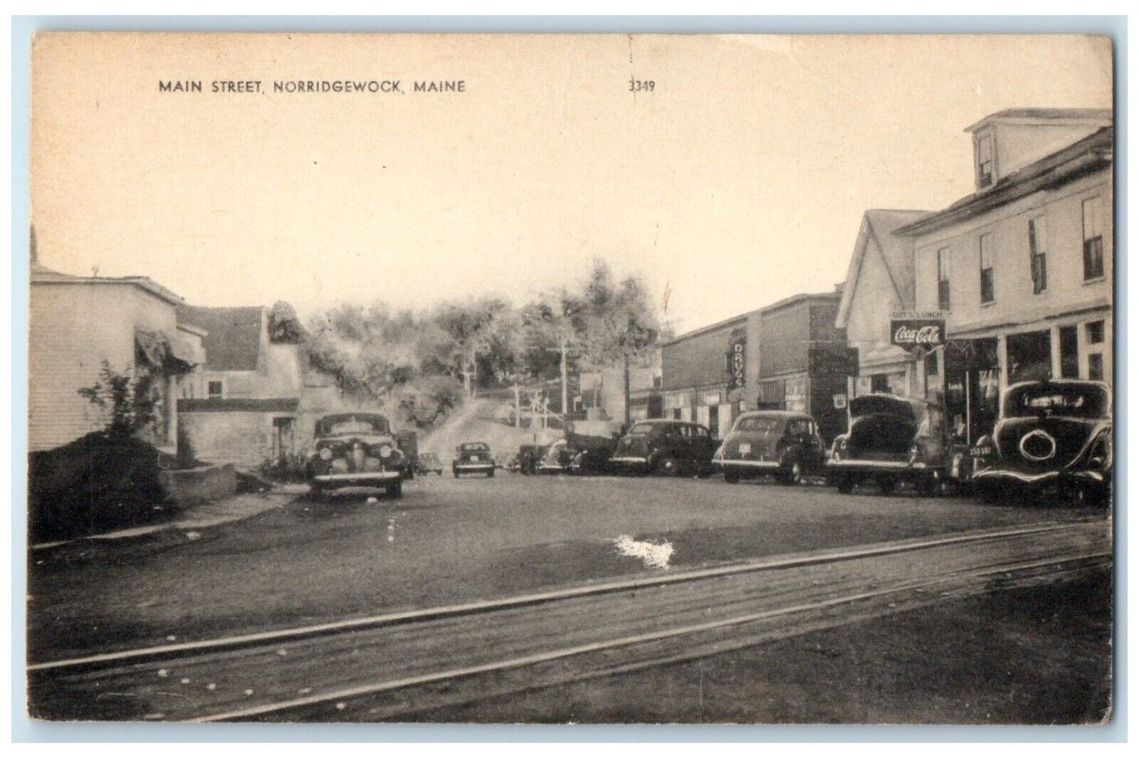 c1940 Main Street Classic Cars Road Norridgewock Maine Vintage Antique Postcard