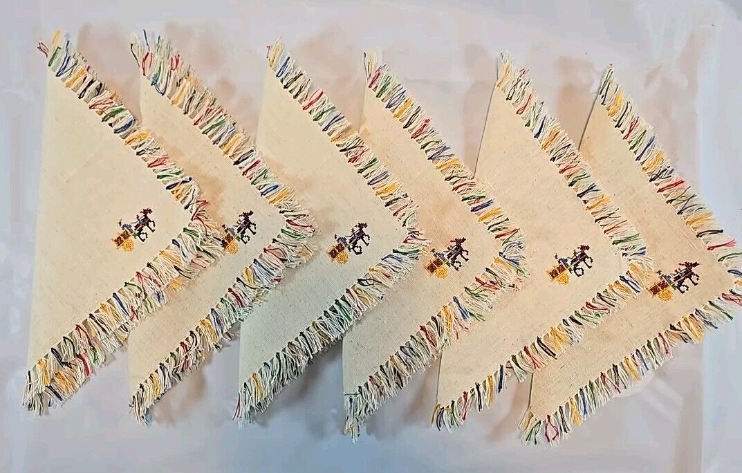 6- Vintage Hand Cross Stitched Folk Art Napkins Coasters With Colorful Fringe