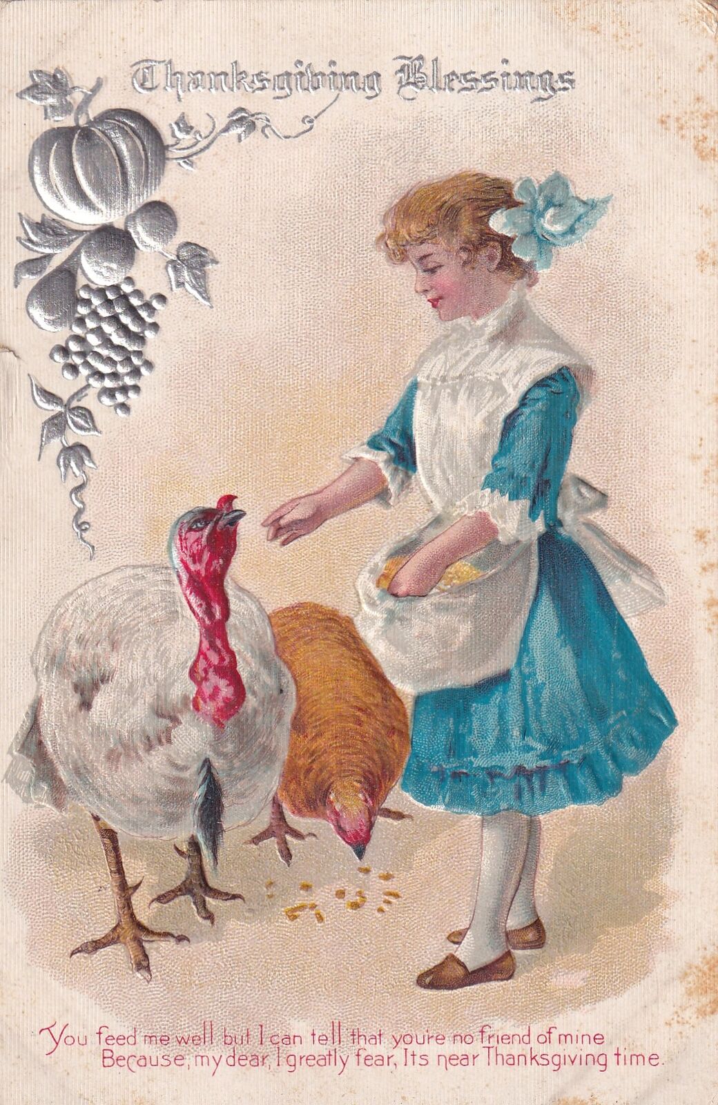 Thanksgiving Blessings Embossed Postcard Girl Feeds Turkeys Postcard D47