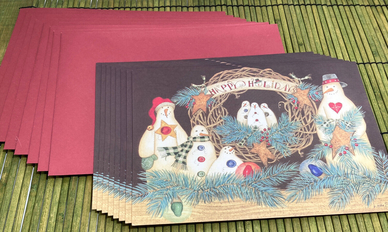 Linda Spivey Happy Holidays Snow Family Folk Art Greeting Cards Set of 8 & Env