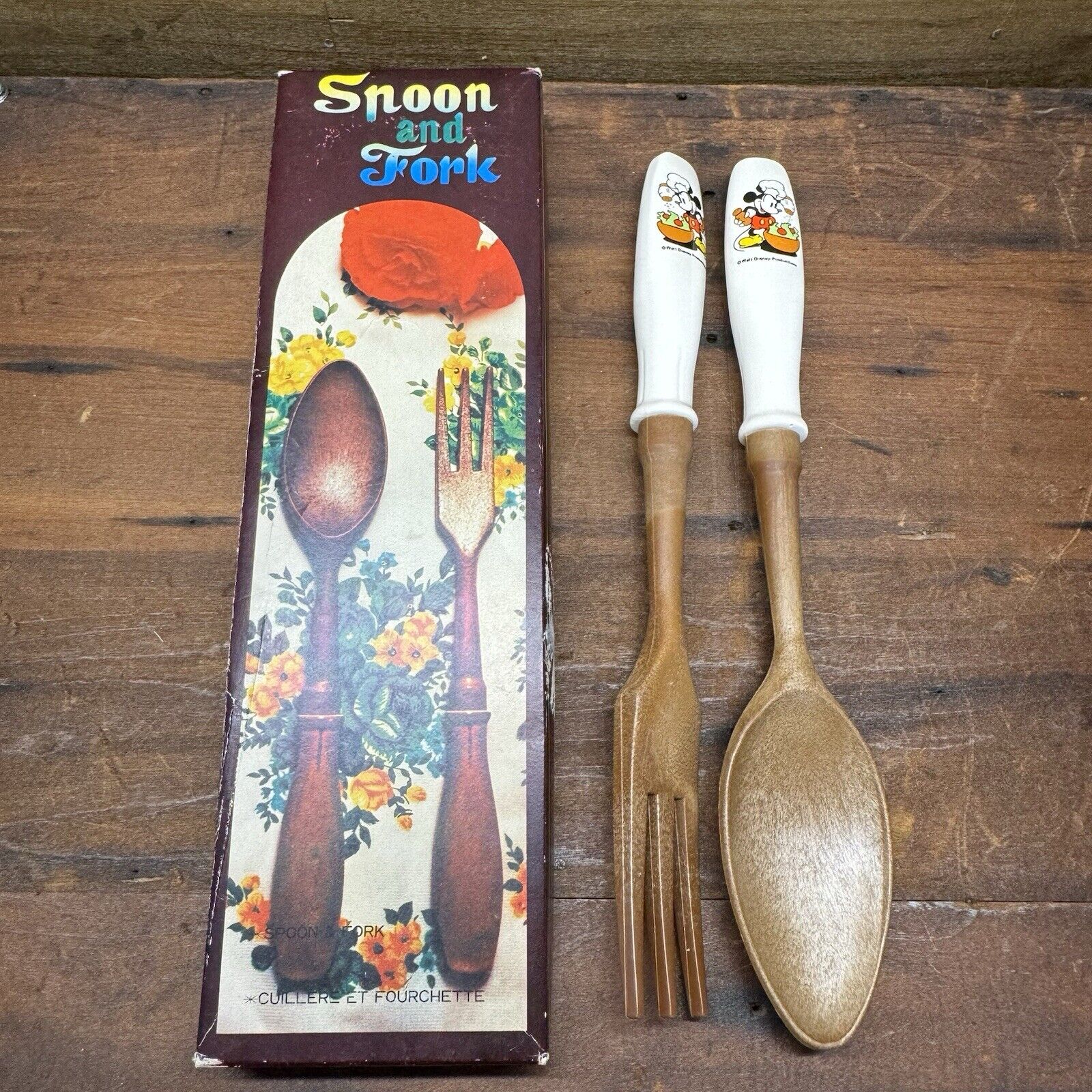 Vintage Disney Fork and Spoon Set in Box, Mickey Mouse, Walt Disney Wood/Ceramic