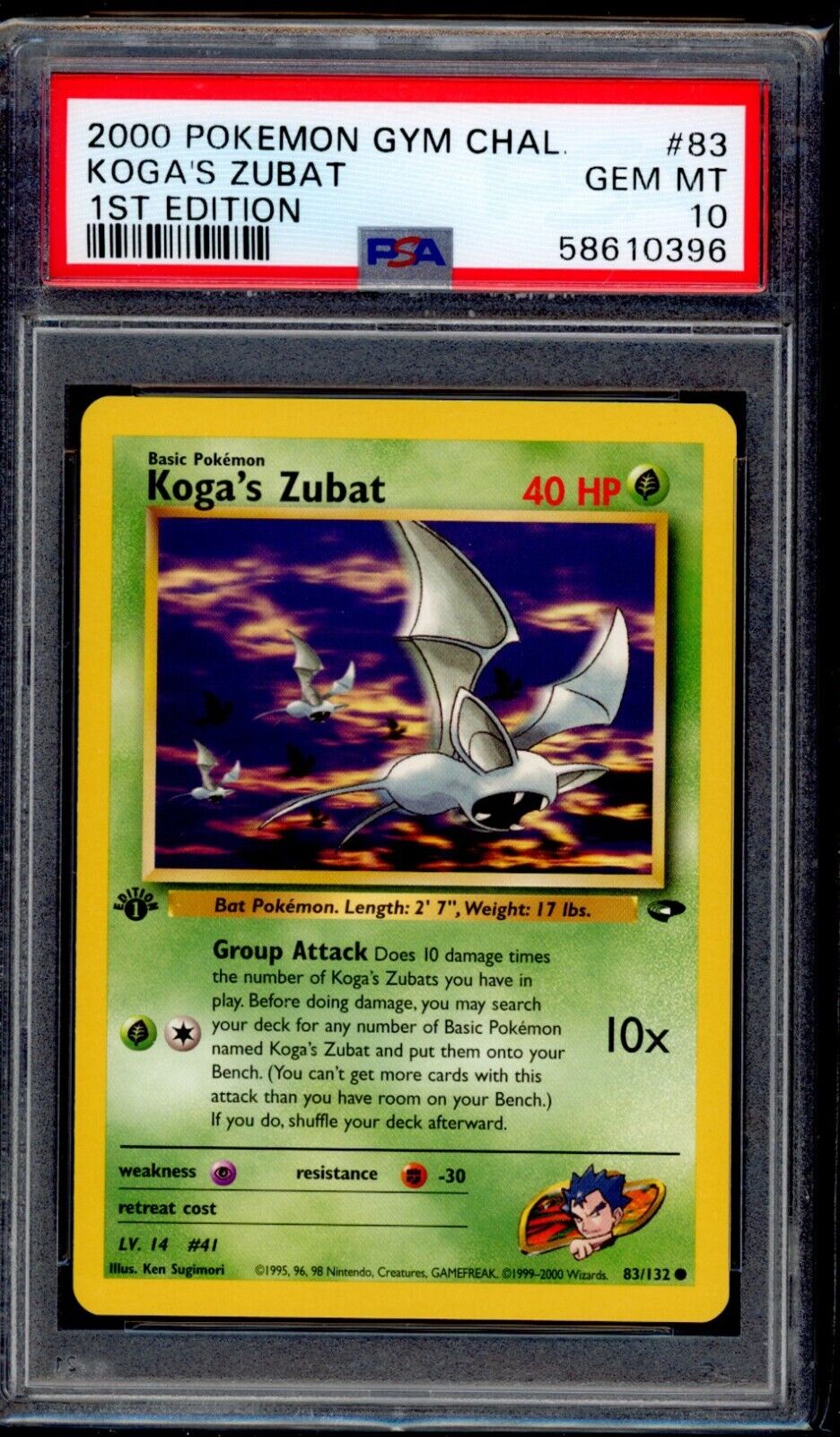 PSA 10 Koga\'s Zubat 2000 Pokemon Card 83/132 1st Edition Gym Challenge