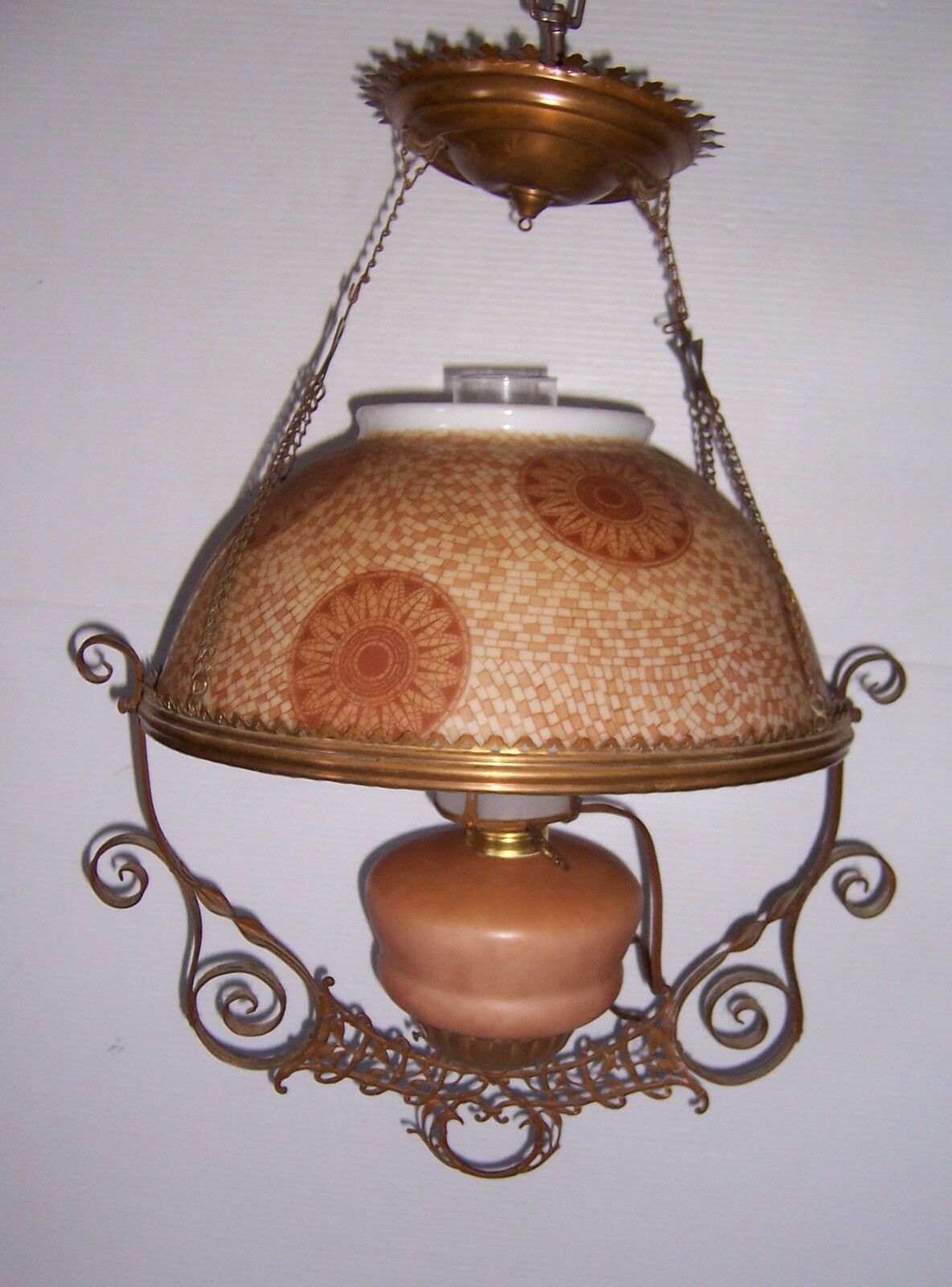 BEAUTIFUL ANTIQUE OIL LAMP CEILING LIGHT CONVERTED TO ELECTRIC