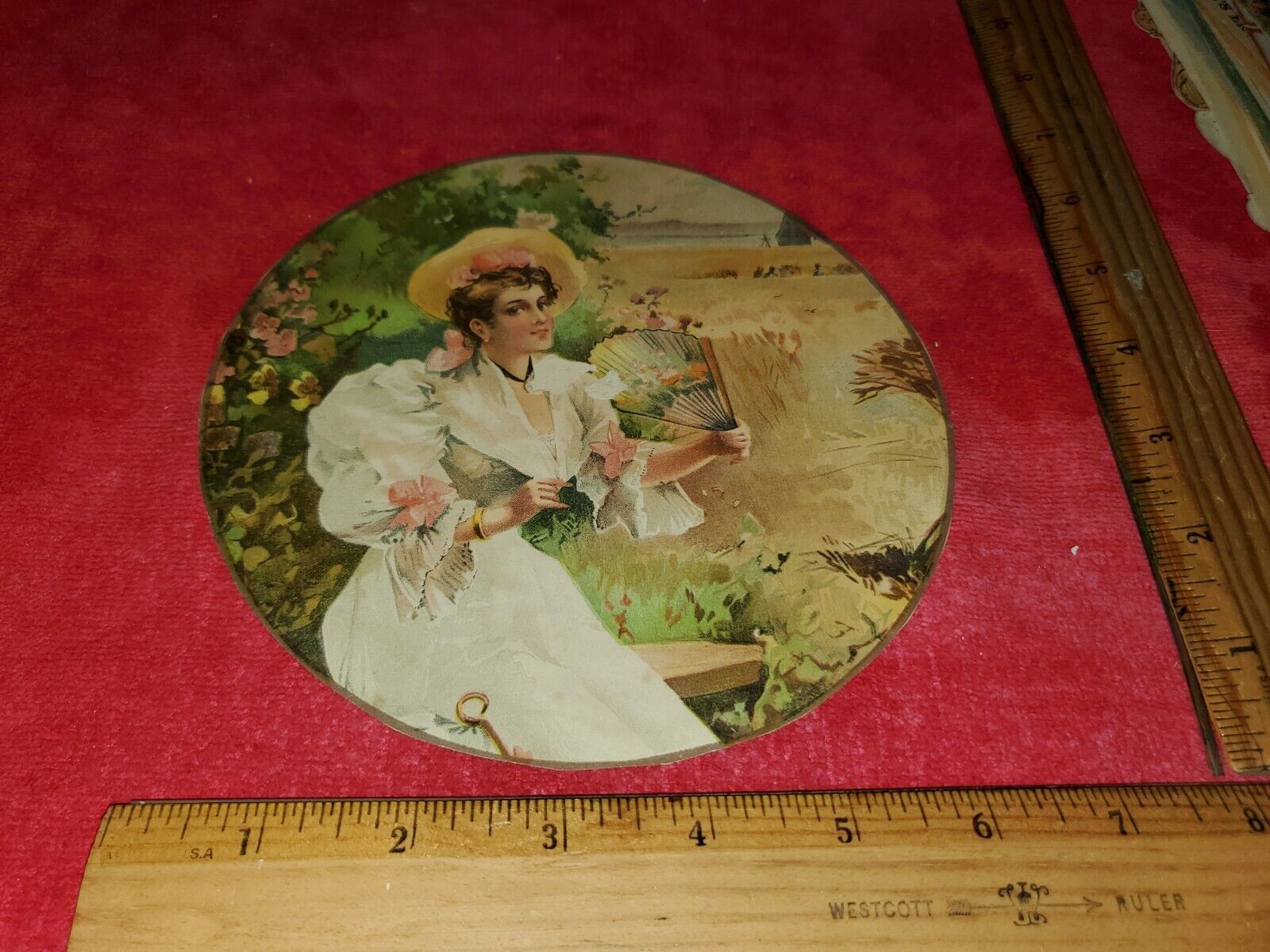 VICTORIAN  TRADE CARD OF LARGE ROUND CARD OF PRETTY LADY WITH FAN