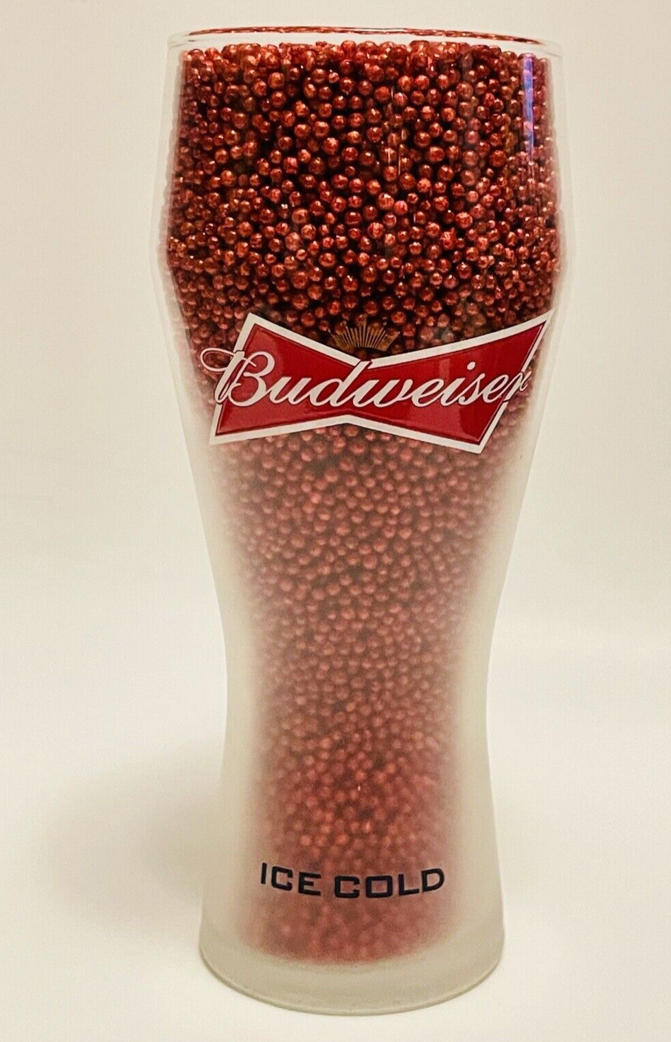 Official Budweiser Shaped Pint Glass partially frosted says ice cold 7 1/2\
