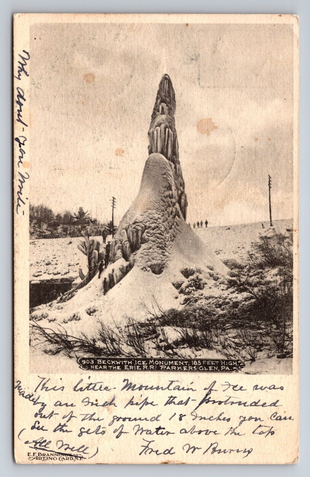 Beckwith Ice Monument Parkers Glen Pennsylvania Antique Posted 1905 Postcard