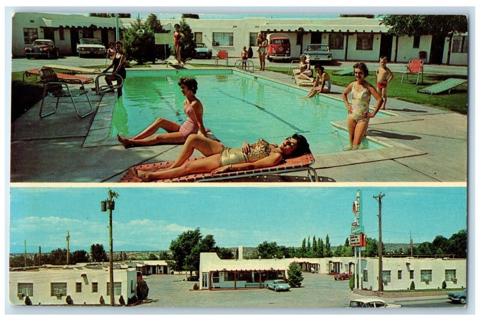 c1960 Santa Fe\'s Thunderbird Motel Swimming Pool Santa Fe New Mexico NM Postcard