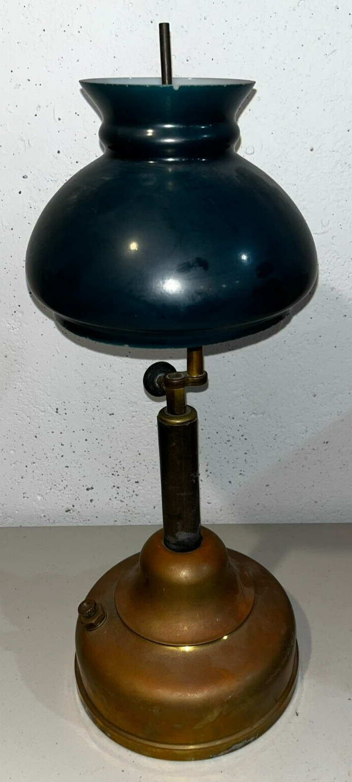 Brass Coleman Quick lite Gas Table Lamp Lantern Green Bankers Glass Shade
