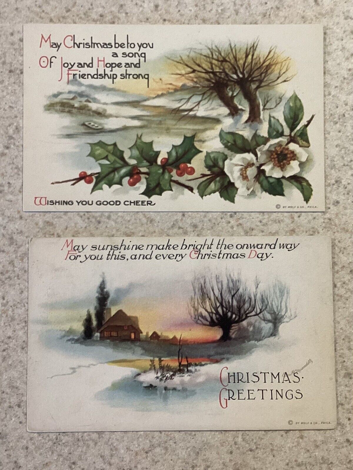 Lot Of 2 Clapsaddle Christmas Postcards Wolf Pub ~ Winter Scene Holly Snow
