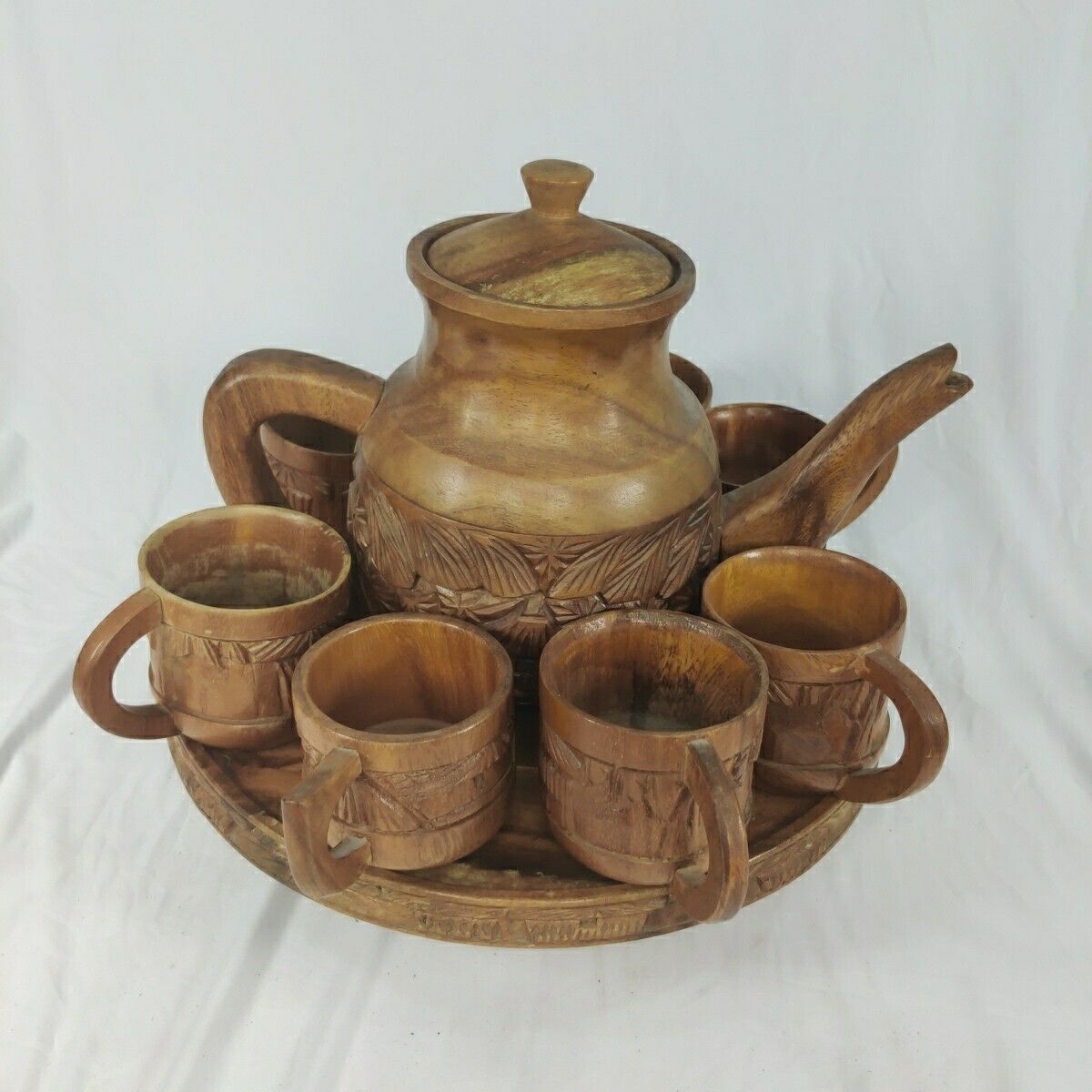 Handcrafted Wood Carved 10 pc Teapot Set W/ Turntable Stand & Cups Vtg