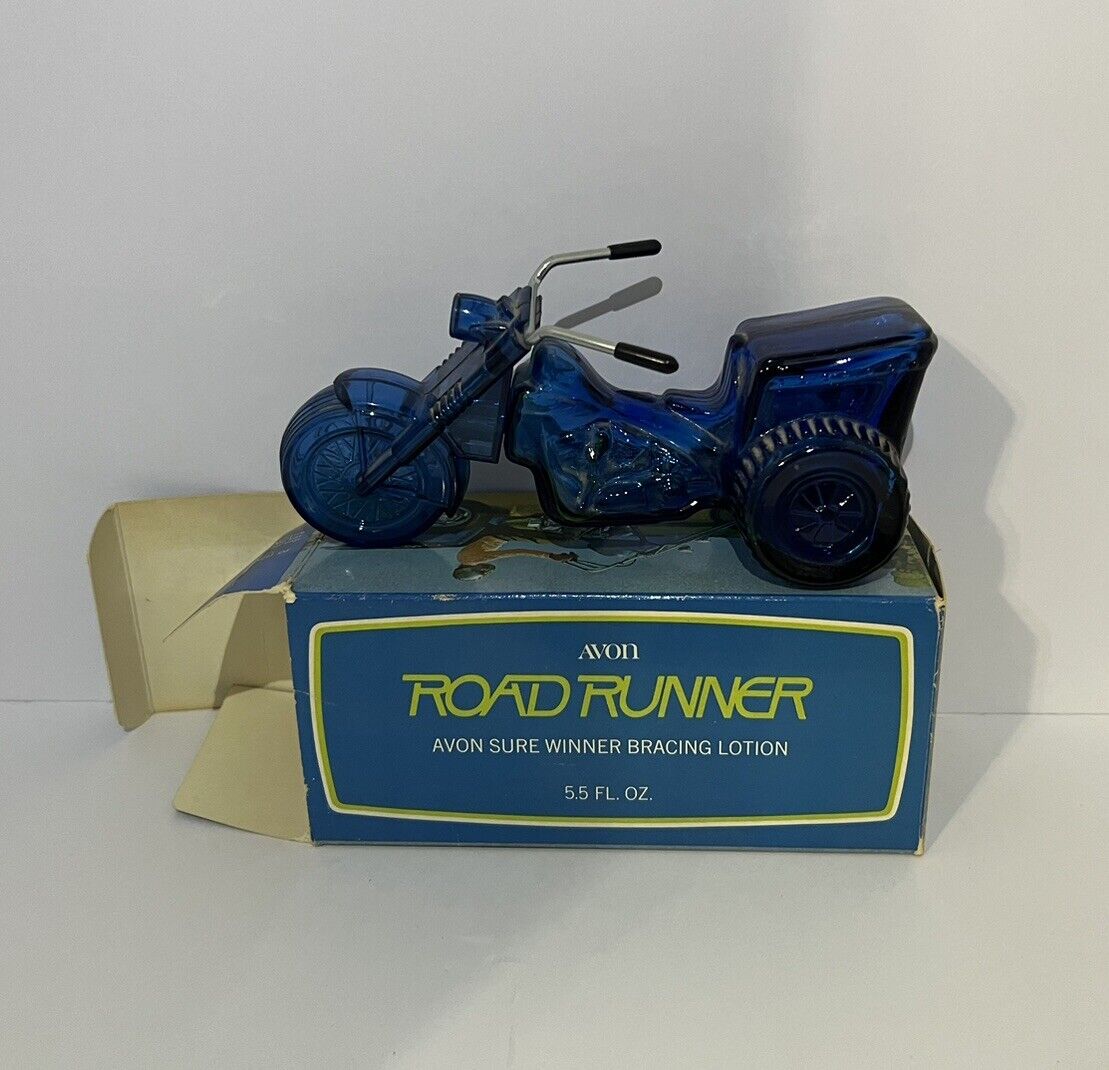 Vintage Blue Avon Road Runner Cologne Decanter Empty With Box