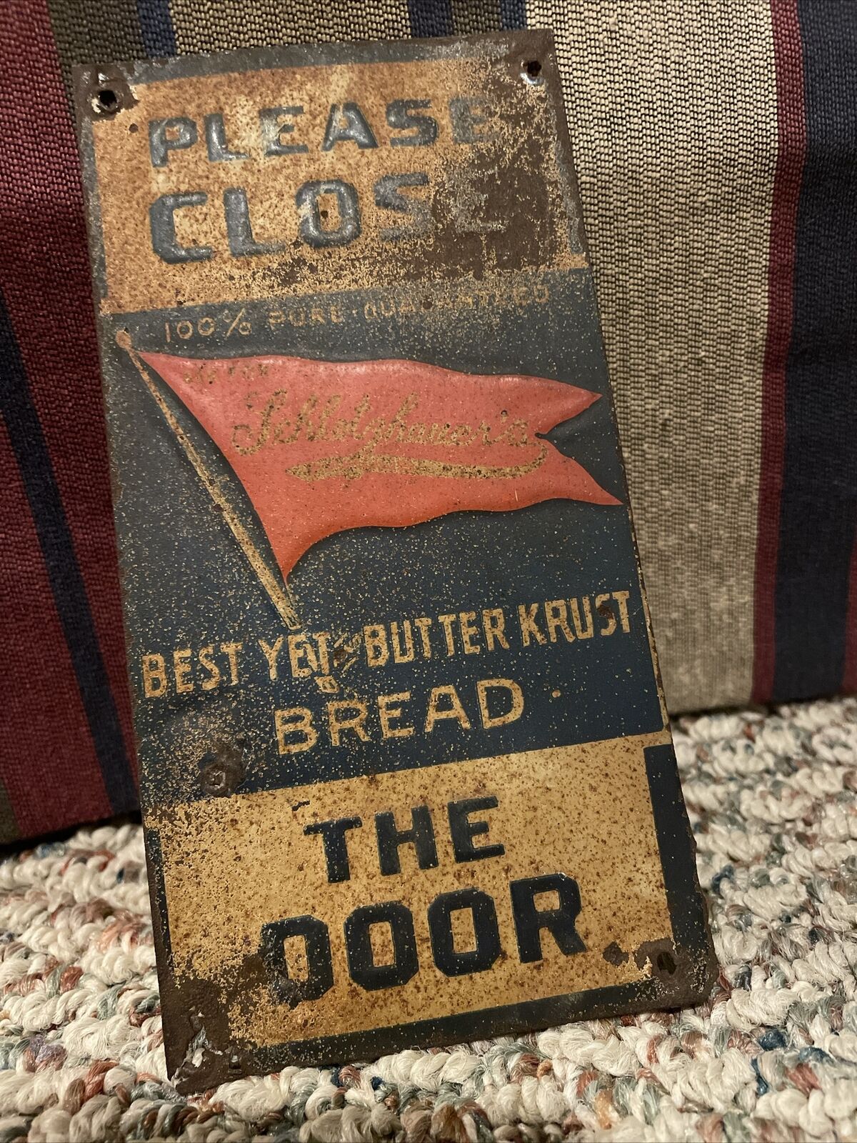 General Store Tin Embossed Door Push Sign Bread Butter Krust Old Rare Antique