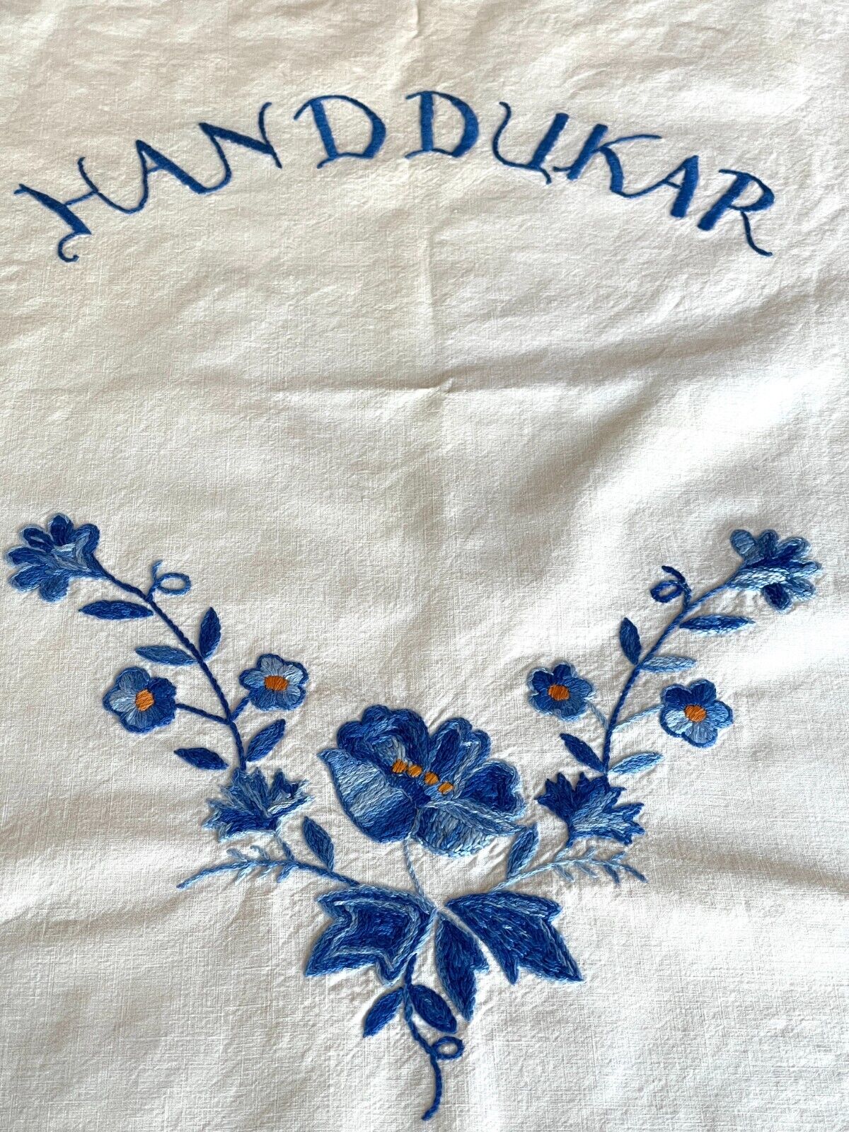 Antique Lovely blue Hand Embroidered NORWEGIAN Towel cover from Norway