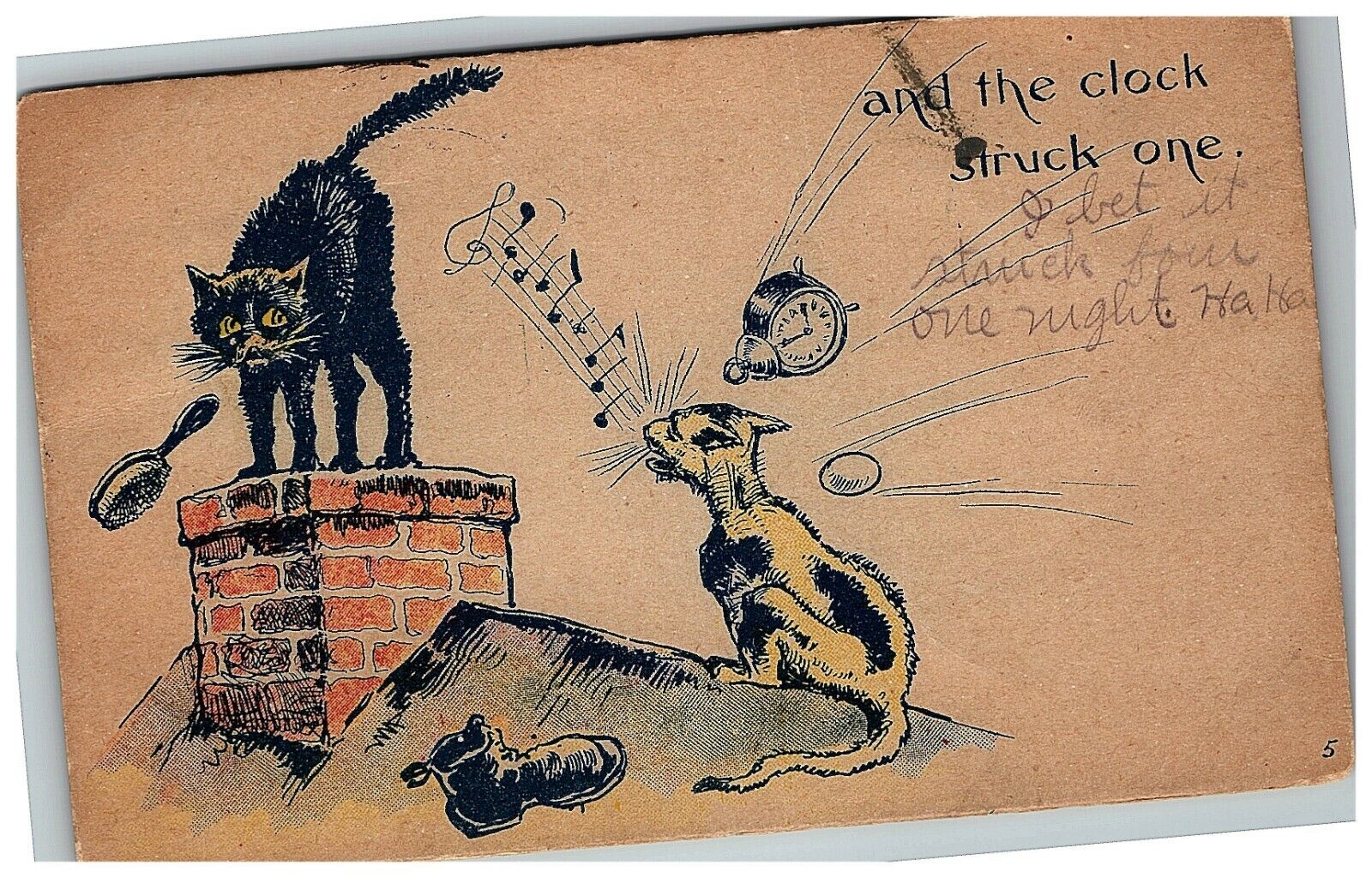 1903 Postcard Cats Comedy And The Clock Struck One Chimney Roof 