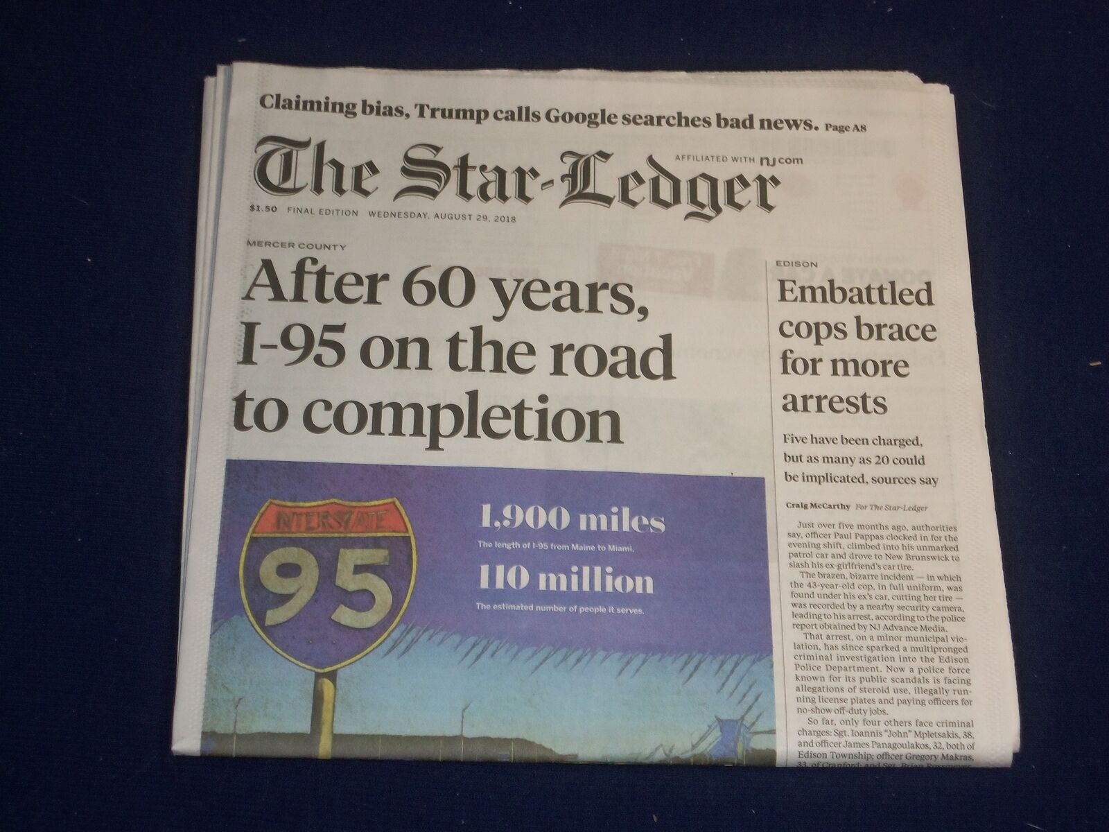 2018 AUGUST 29 STAR LEDGER NEWSPAPER - AFTER 60 YEARS I-95 ROAD TO BE FINISHED