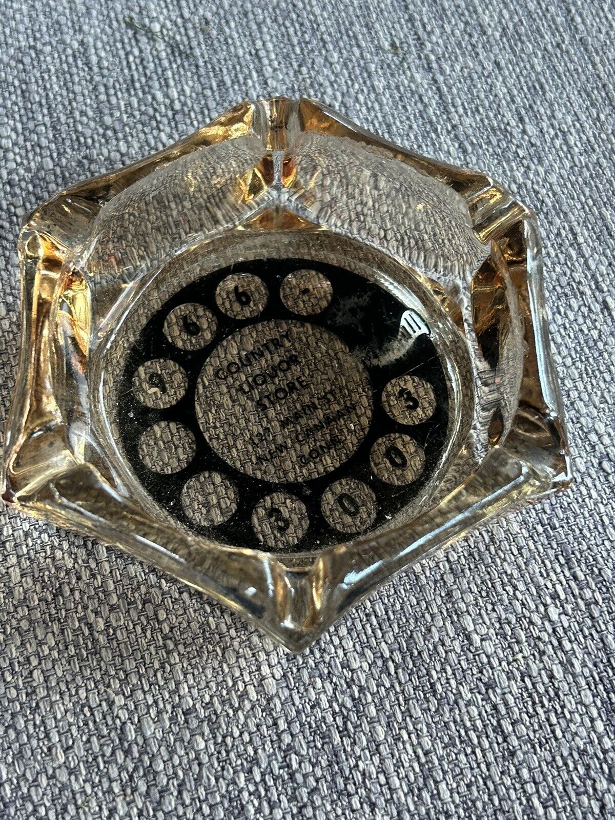 Vintage Glass ashtray Phone Dial  “Country Liquor  Store”