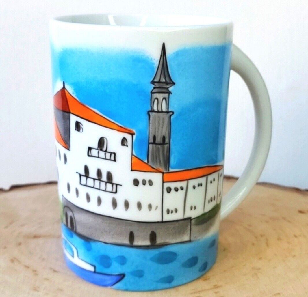 Helina Tilk Coffee Tea Mug   Kotor Montenegro Sea Village Hand Painted Porcelain