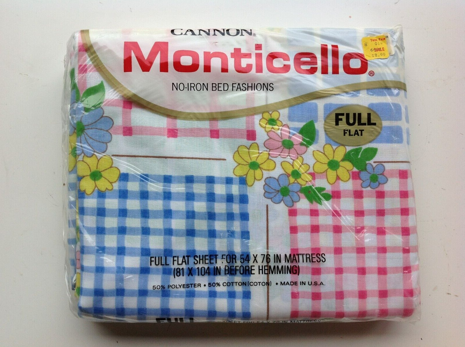 Vintage Cannon Monticello Full Flat Sheet Floral Checkers 70’s multicolor Retro