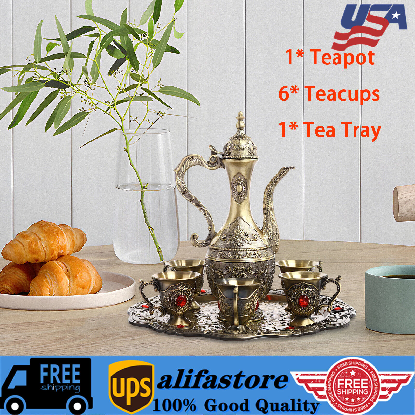 7.44oz Tea Set Teapot & Six Teacups w/ Tray for Serving Coffee, Wine Tea  ﻿