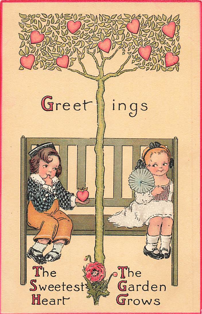 c1906 Raphael Tuck Fantasy Boy Girl Bench Hearts Tree  Valentines Day P465