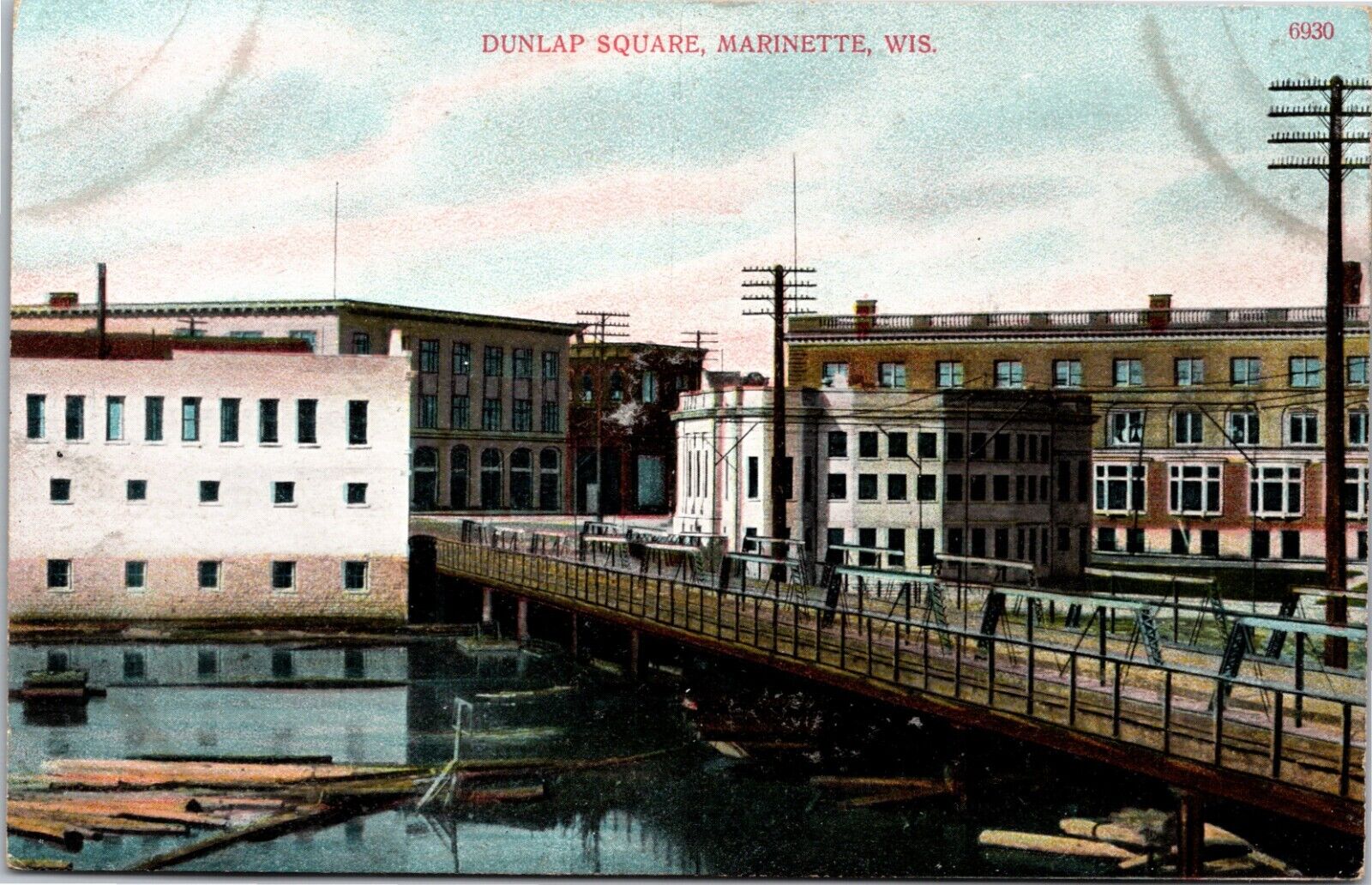 Marinette WI Wisconsin - Dunlap Square Bridge Vintage c. 1910 Postcard