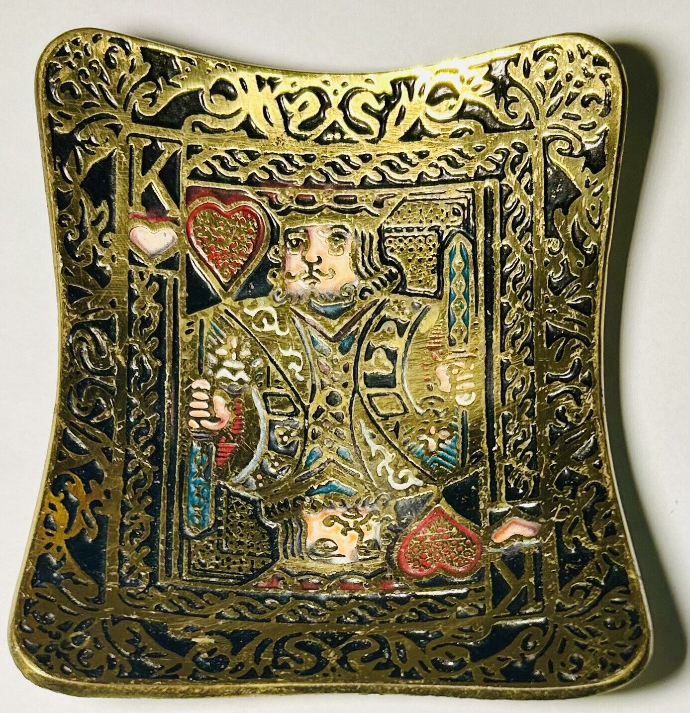 Vintage Judaica Brass & Enamel 5.5” Curved Trinket Dish Israel King of Hearts