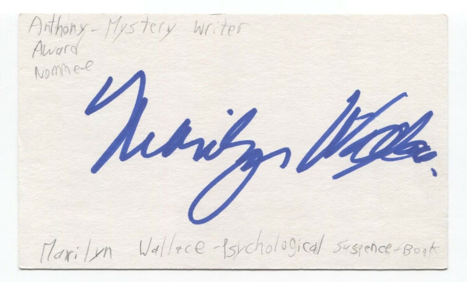 Marilyn Wallace Signed 3x5 Index Card Autographed Signature Author Novelist