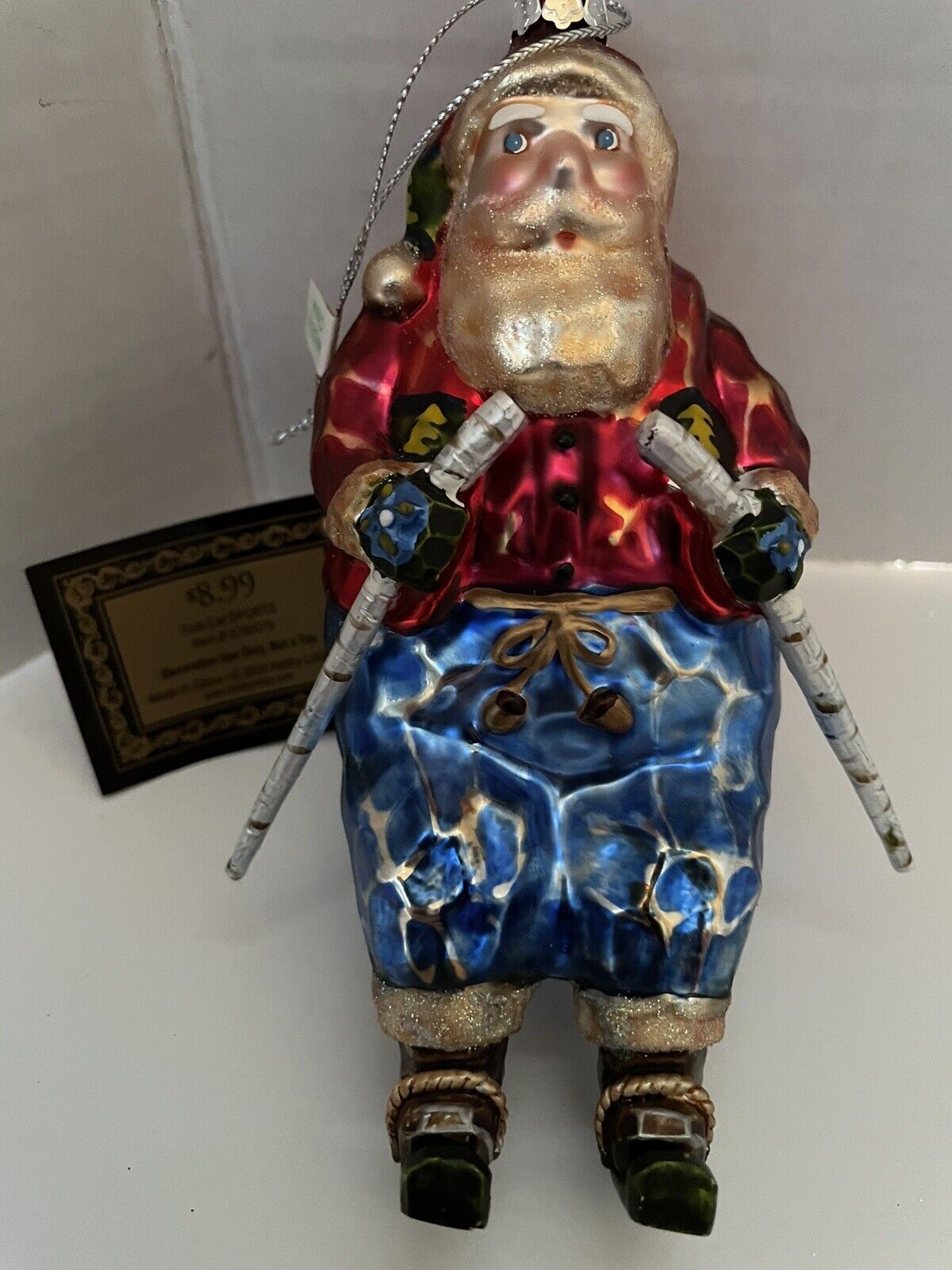 ROBERT STANLEY 2008 COLLECTION GLASS SANTA CLAUS SKIING 6”CHRISTMAS ORNAMENT NWT