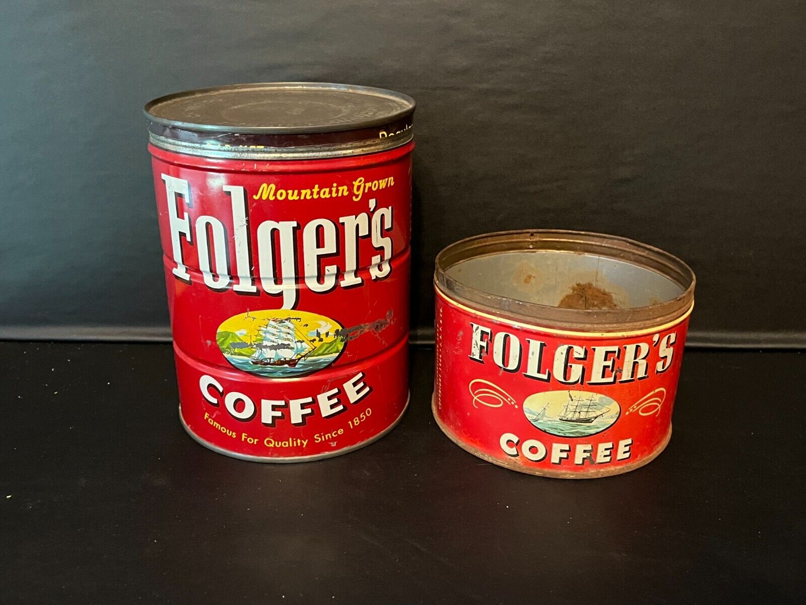 2 Vtg Folger’s Coffee Tin Cans ~ 1946 & 1959 ~