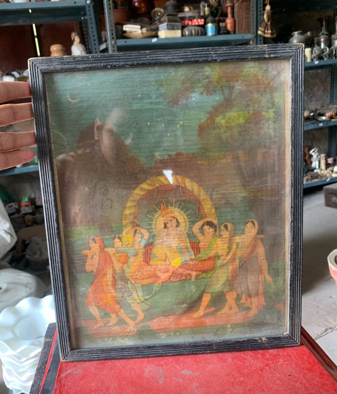 1870's Antique Rare Painting Lithograph Print Of Lord Krishna with Gopis Framed
