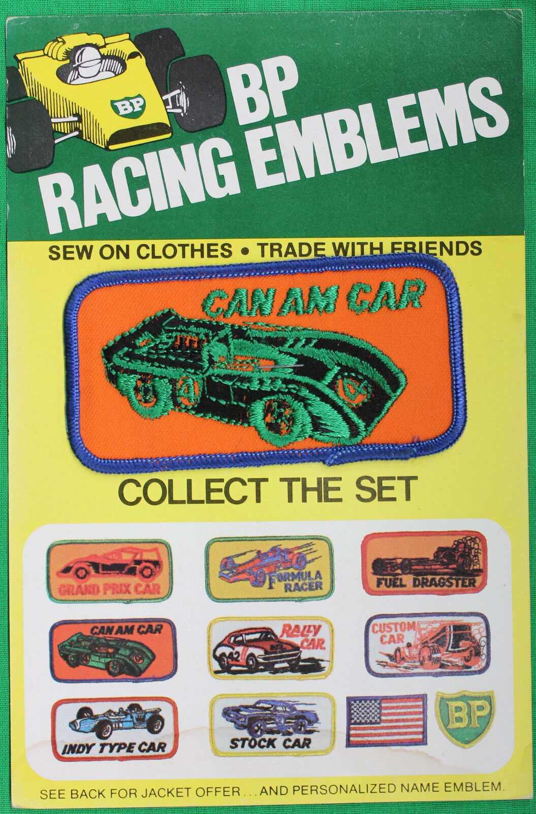 Original Late 1960s Early 1970s BP Racing Emblems Can Am Car On Card