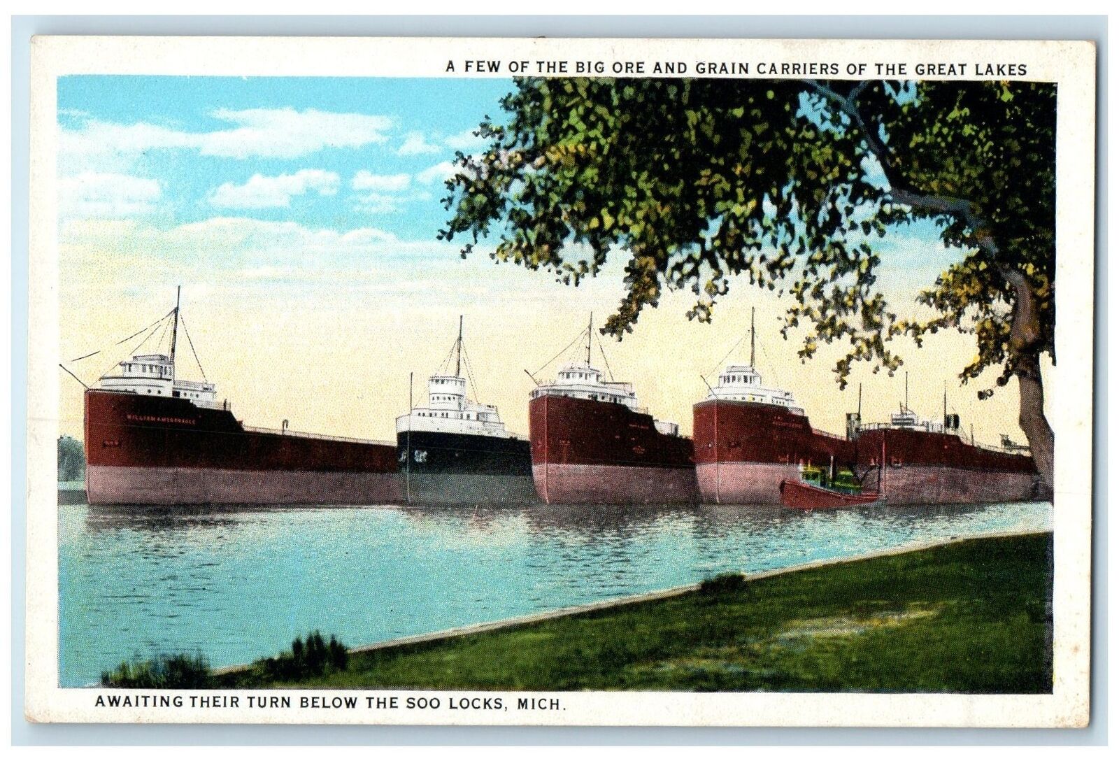c1920's Big Ore & Grain Carriers Great Lakes Awaiting Their Turn Soo MI Postcard