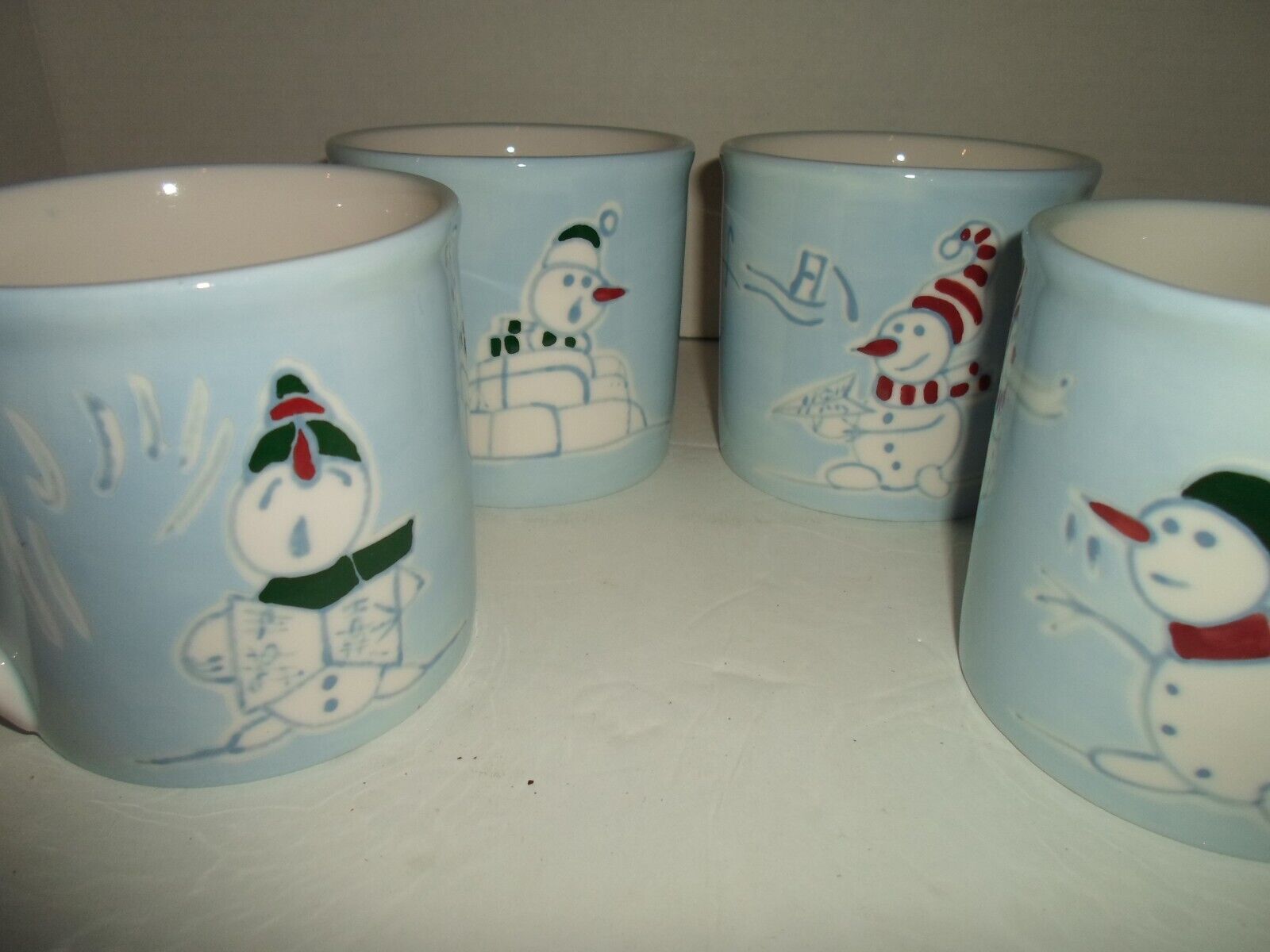 Eddie Bauer Holiday Christmas Blue Snowman Mugs Coffee Cups Set Of 4