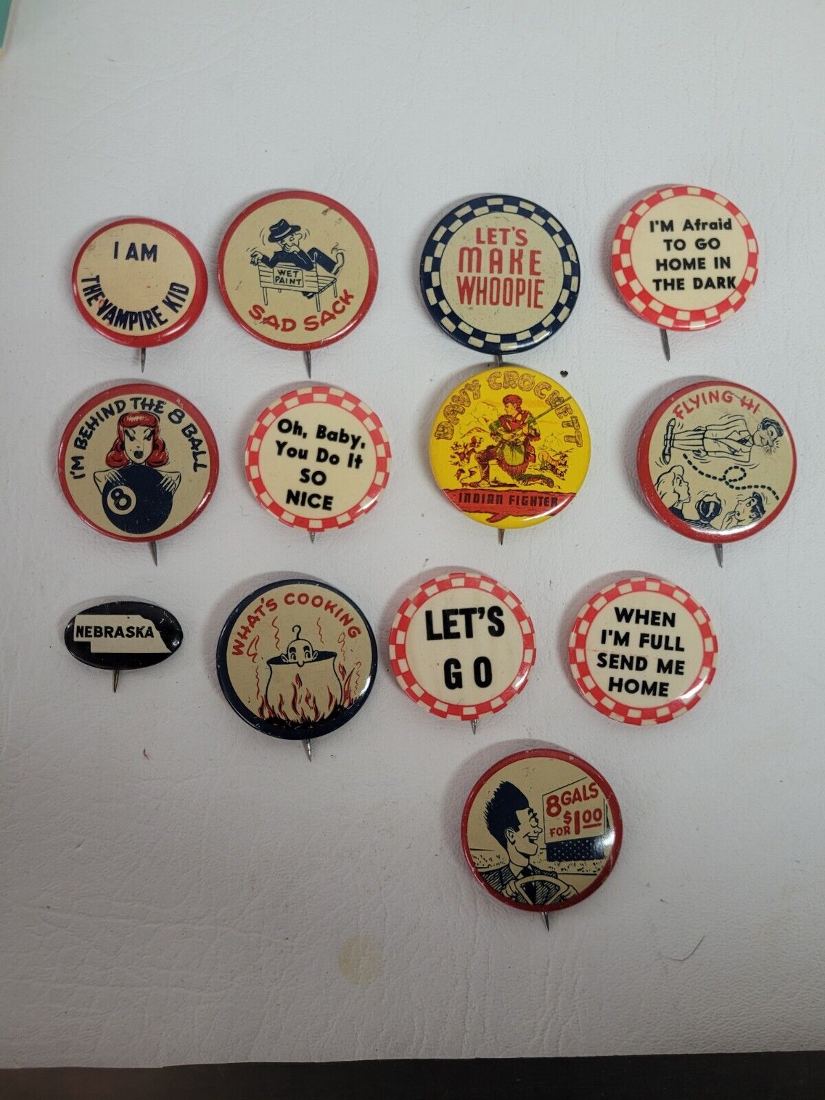 Vtg Novelty Pin Back Buttons Mixed Lot Of 12 1940's 50's Variety Advertising 