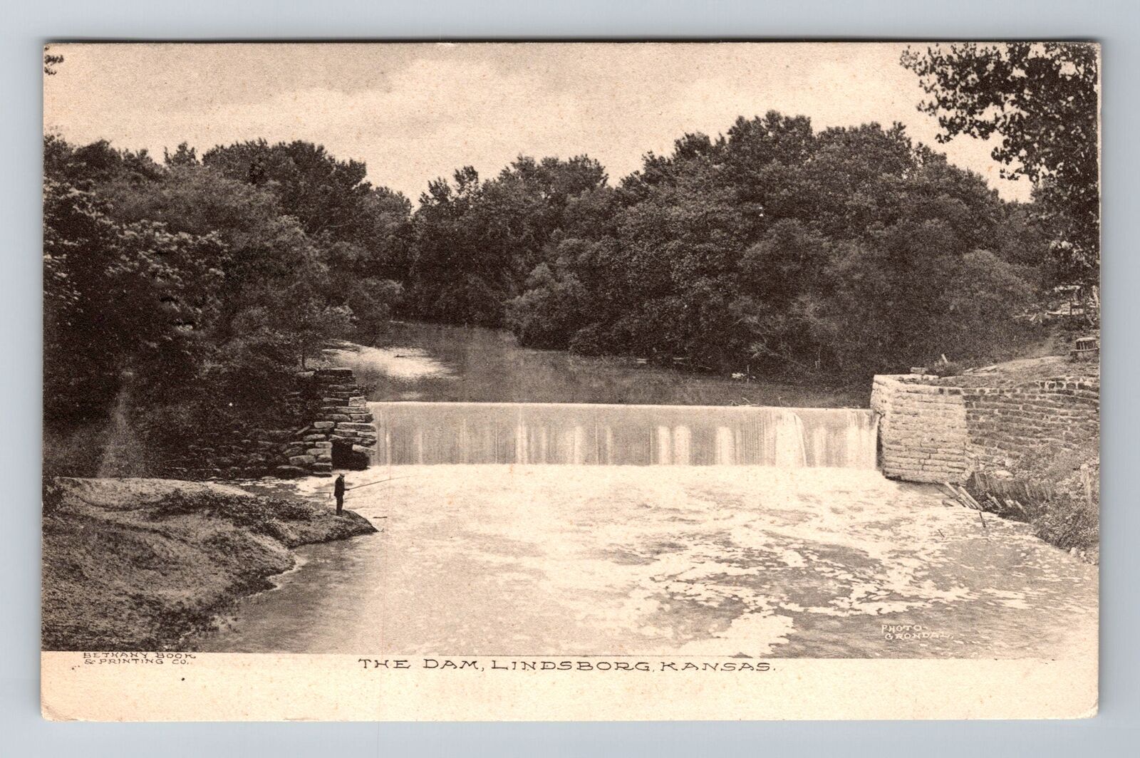 Lindsborg KS-Kansas, the Dam and Man Fishing, Antique Vintage Souvenir Postcard