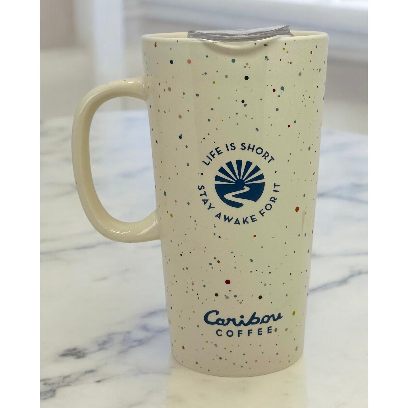Caribou Coffee Logo Field Trip Speckle Ceramic Latte Mug Cup w/ Lid 18 oz