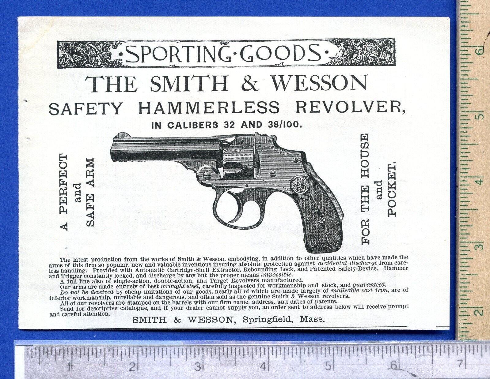 Original 1889 Smith & Wesson Safety Hammerless Revolver partial page print ad