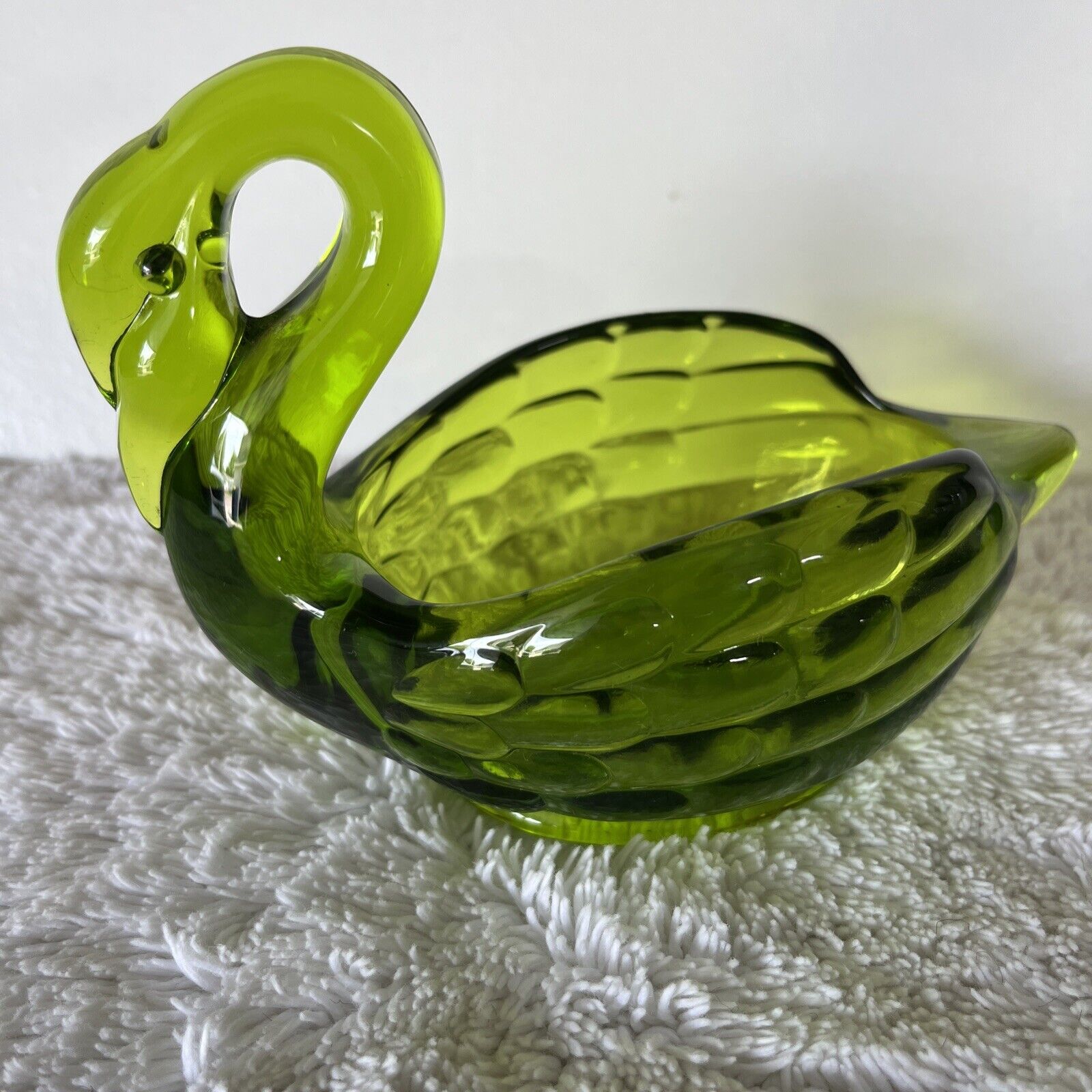 Vintage Green Glass Swan Candy Dish, Great Condition 