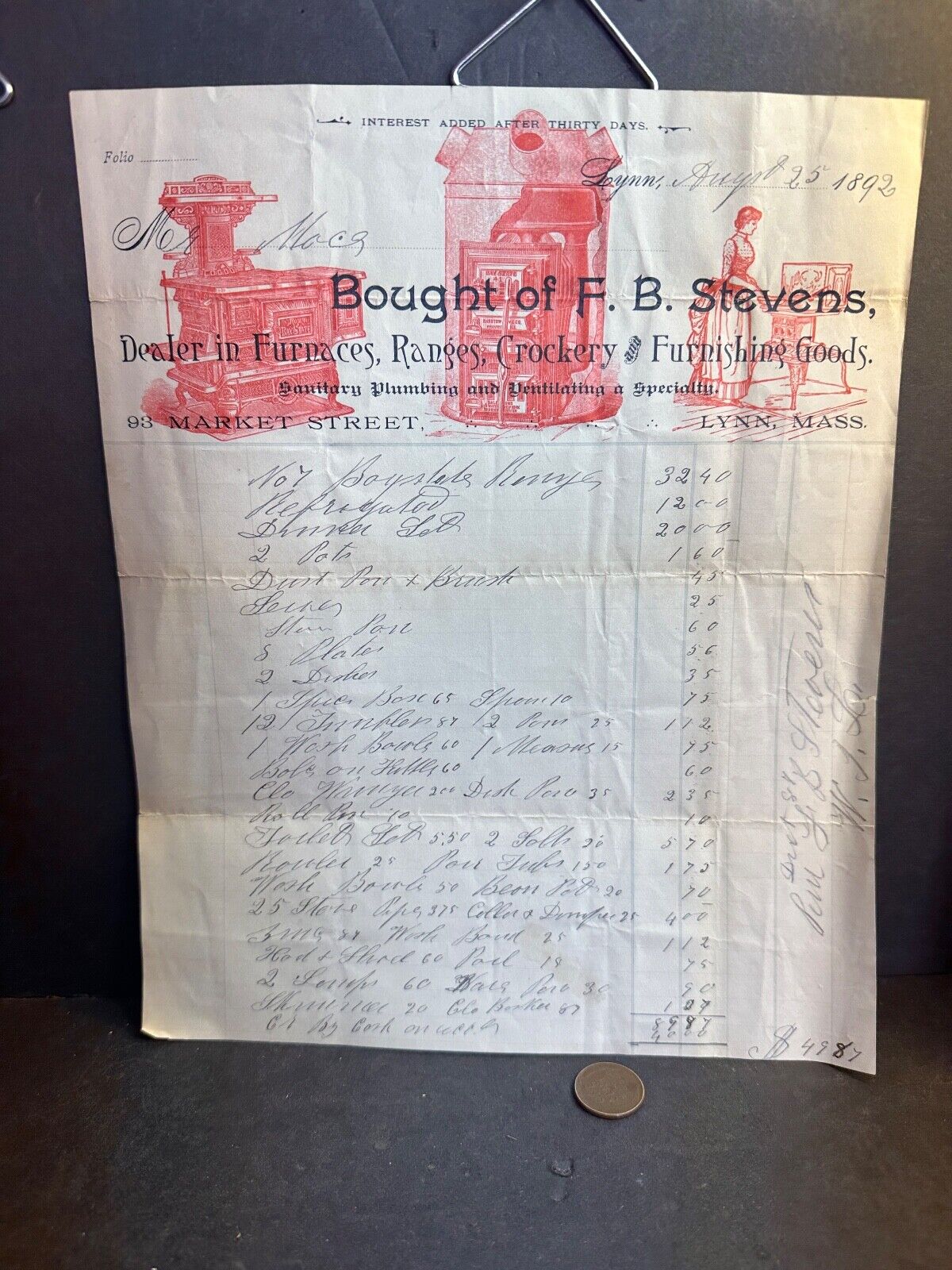 1892 Receipt, F.B. Stevens, Lynn, MA, Ranges, Furnaces, Crockery, Kitchenware