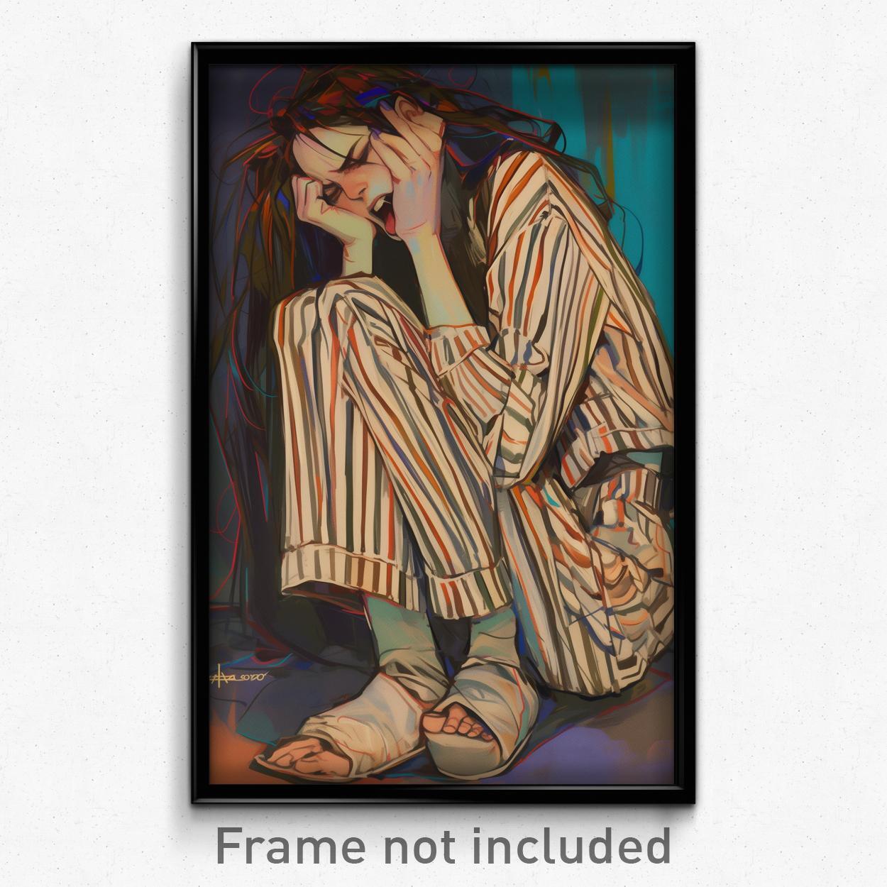 Art Poster - Woman Feeling Yawning Wearing Horrific Striped Pants