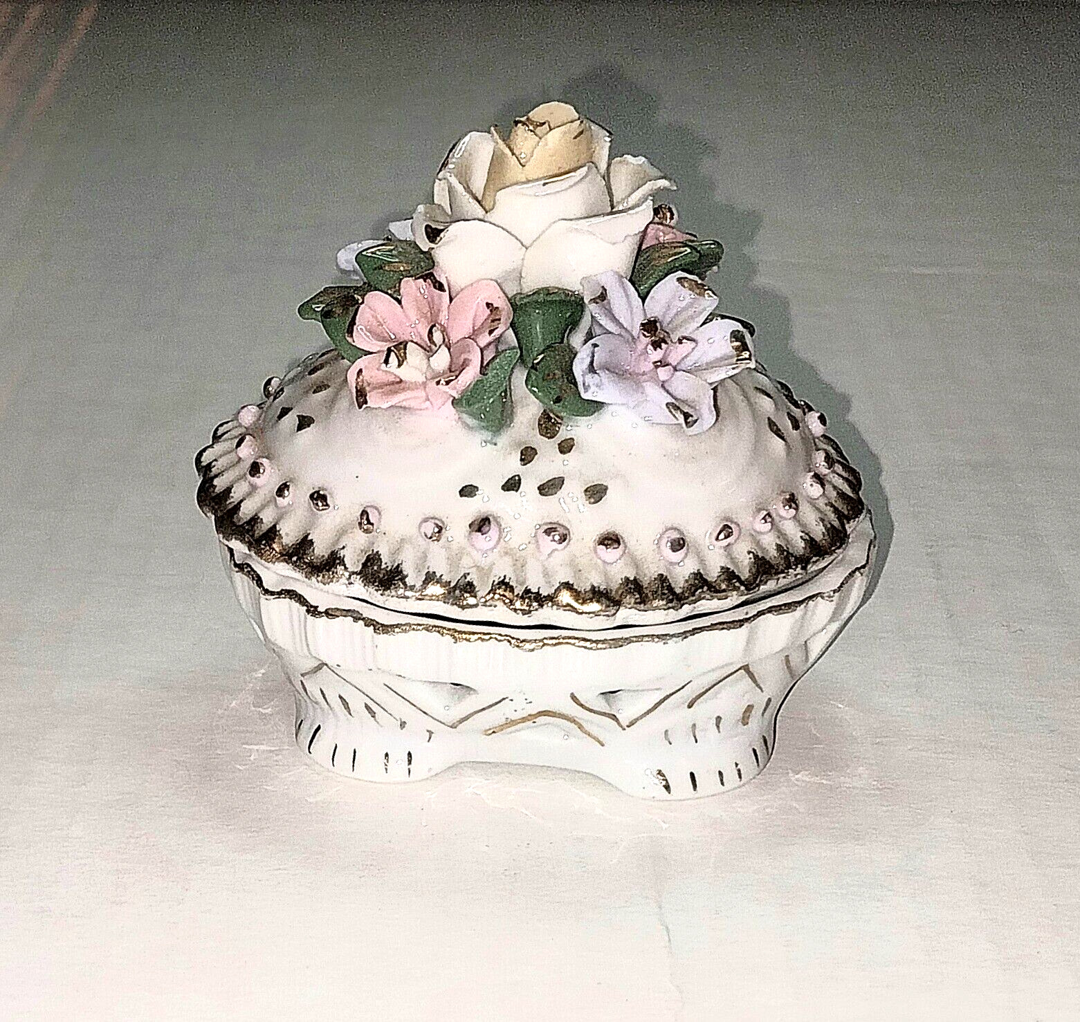 Porcelain Floral Gold Accent Trinket Dish Vintage