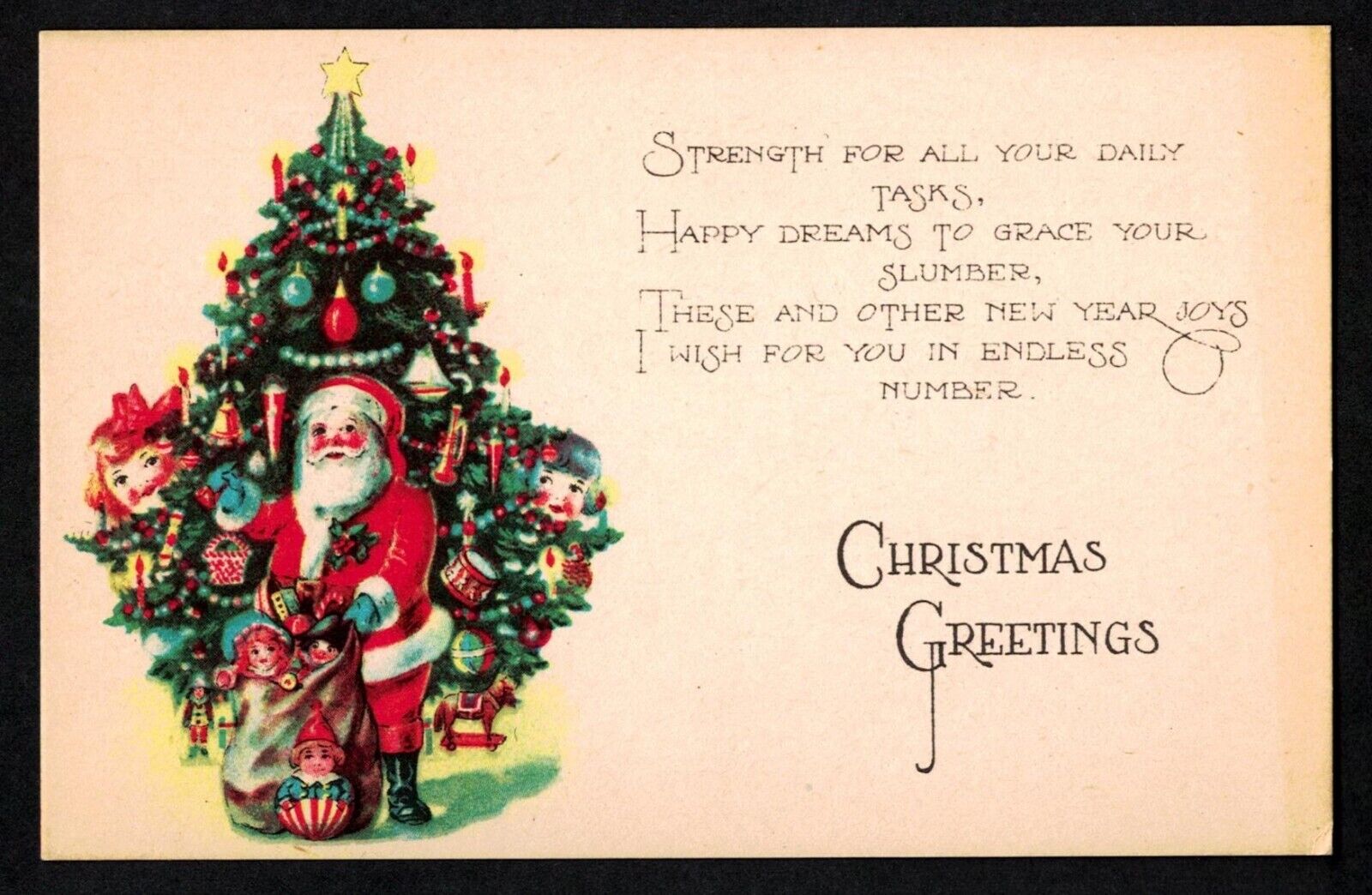 2503 Antique Vintage Christmas Postcard Red Santa Tree Bag Toys Blue Gloves Pipe